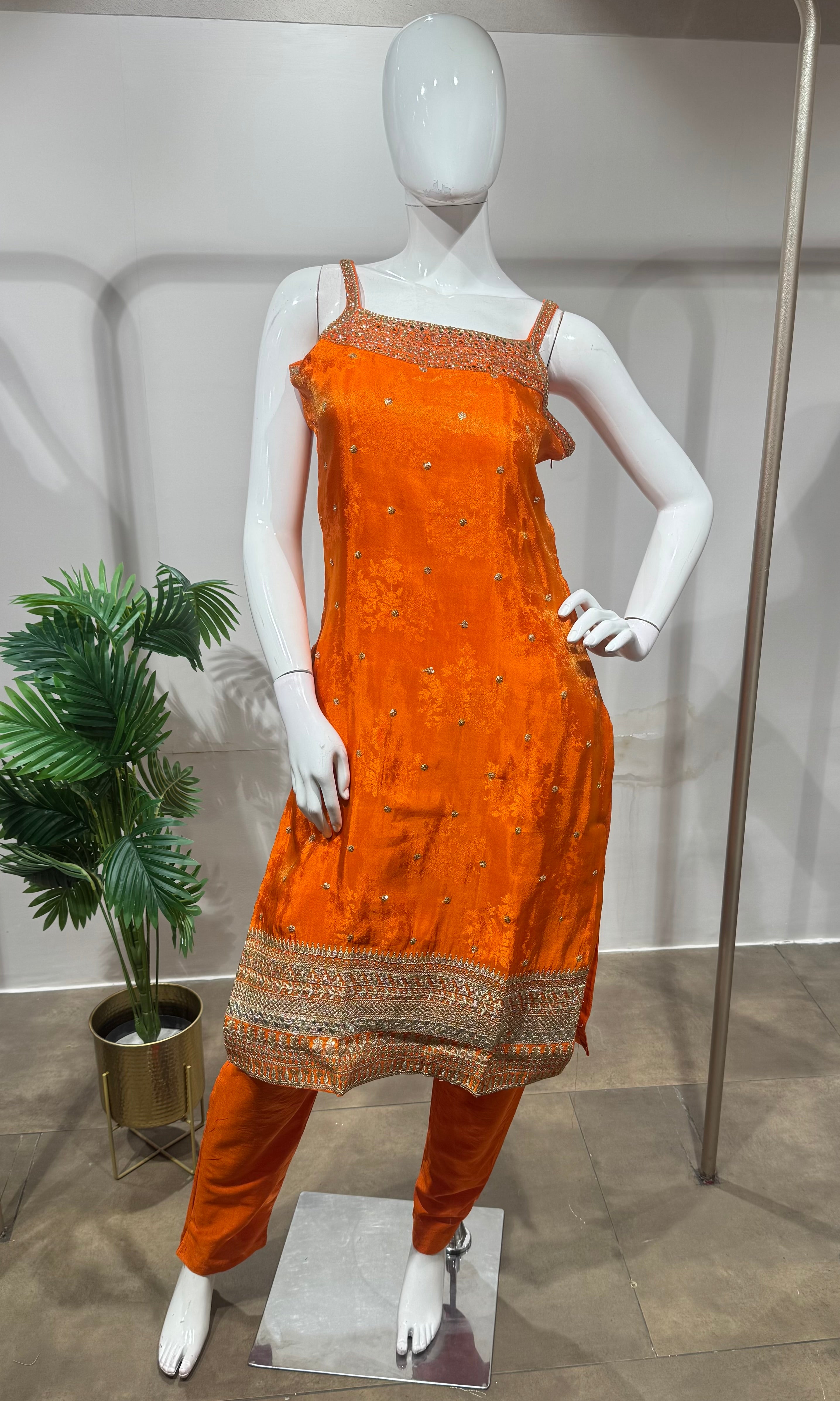 Orange silk golden kurta set