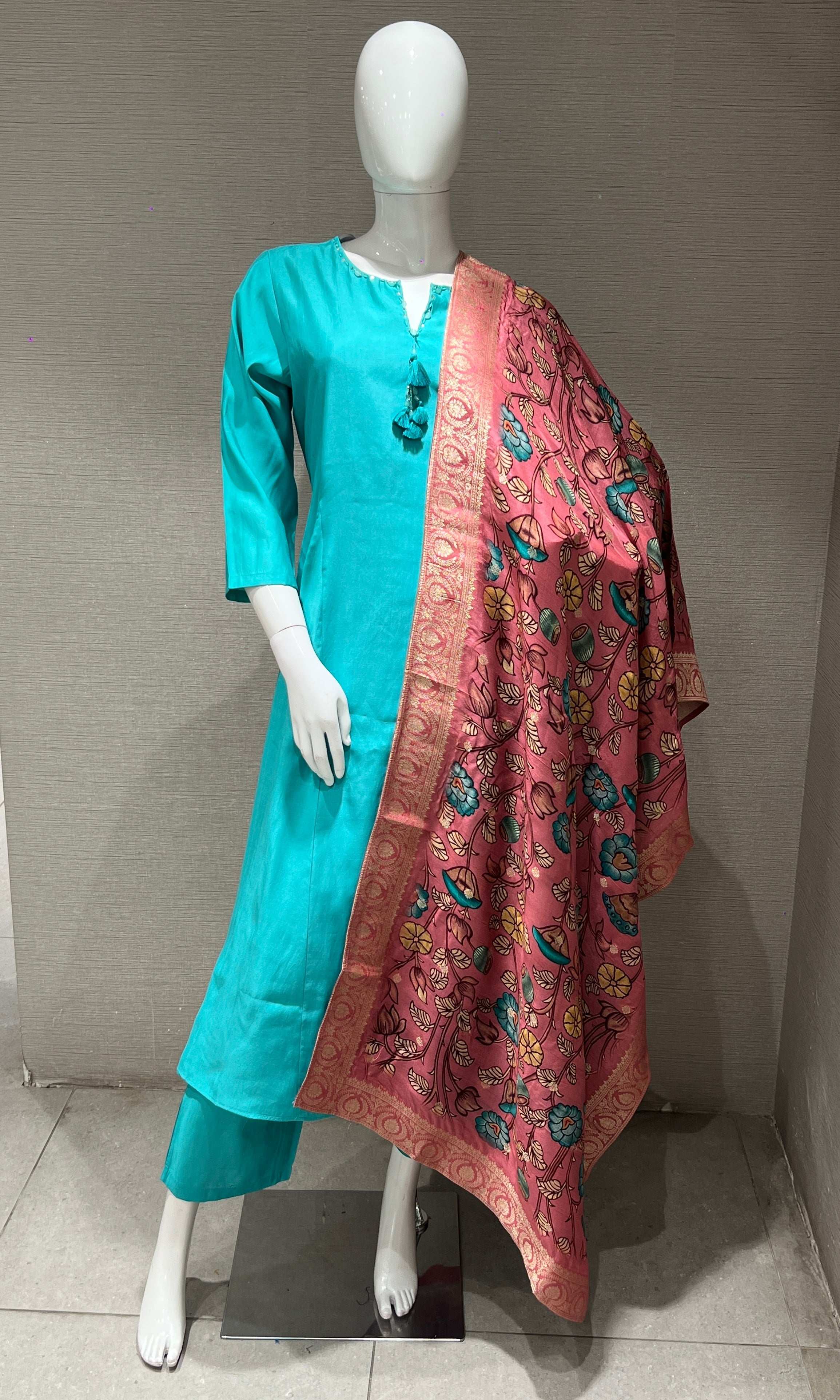 sea blue kurta set with floral printed dupatta