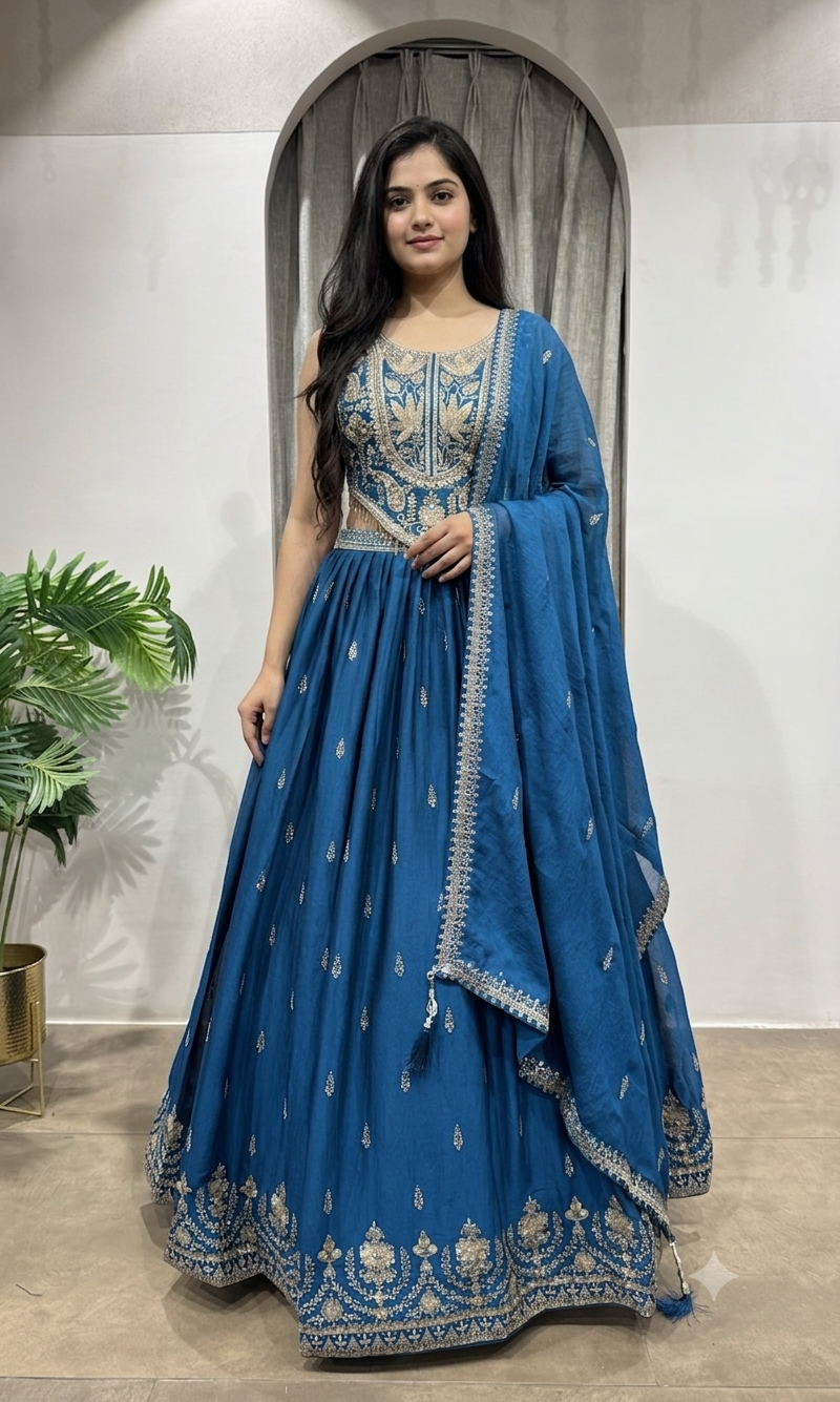 RAMA Blue Embroidered Lehenga Choli Set