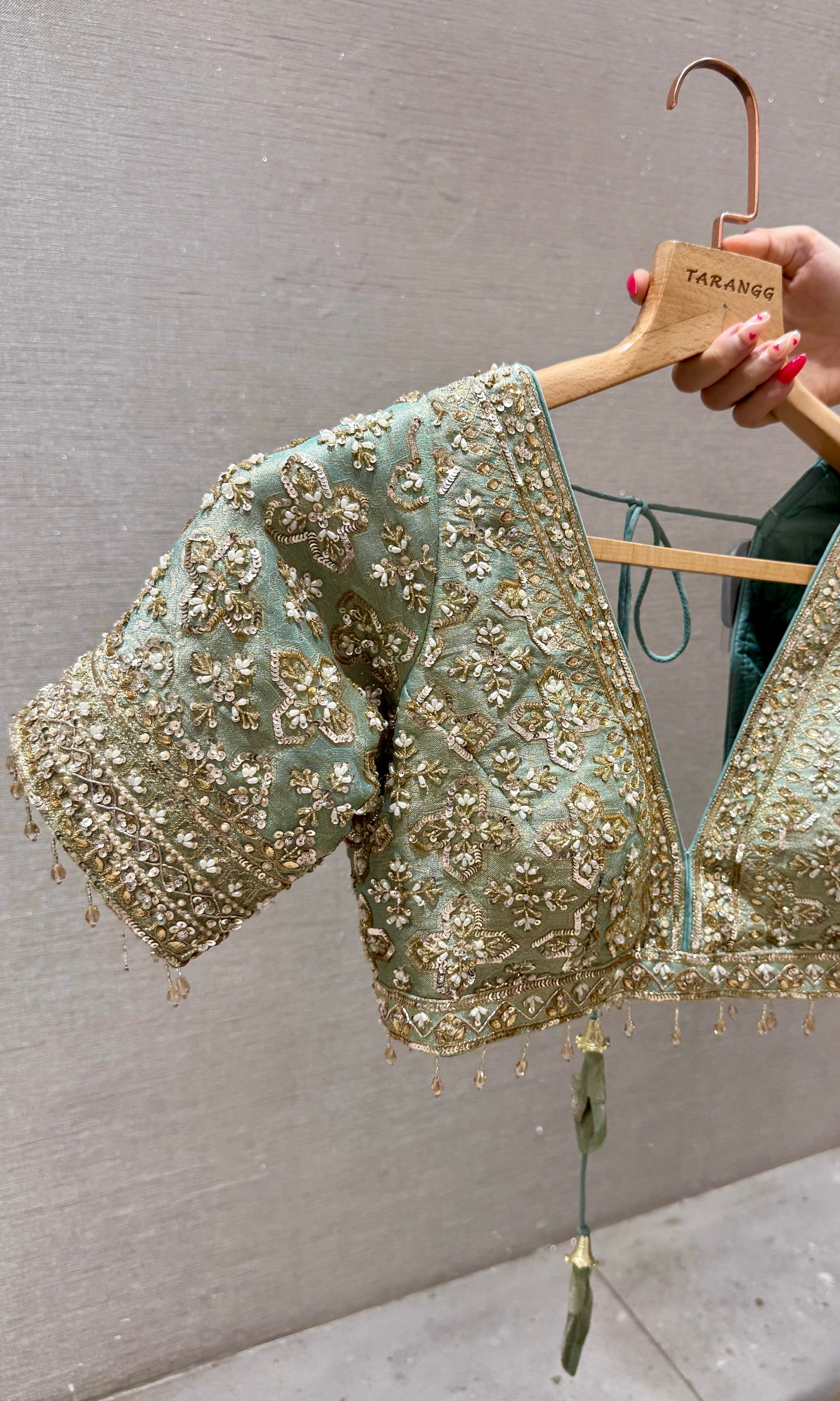 Pastel Sage Green Banarasi saree with ready blouse