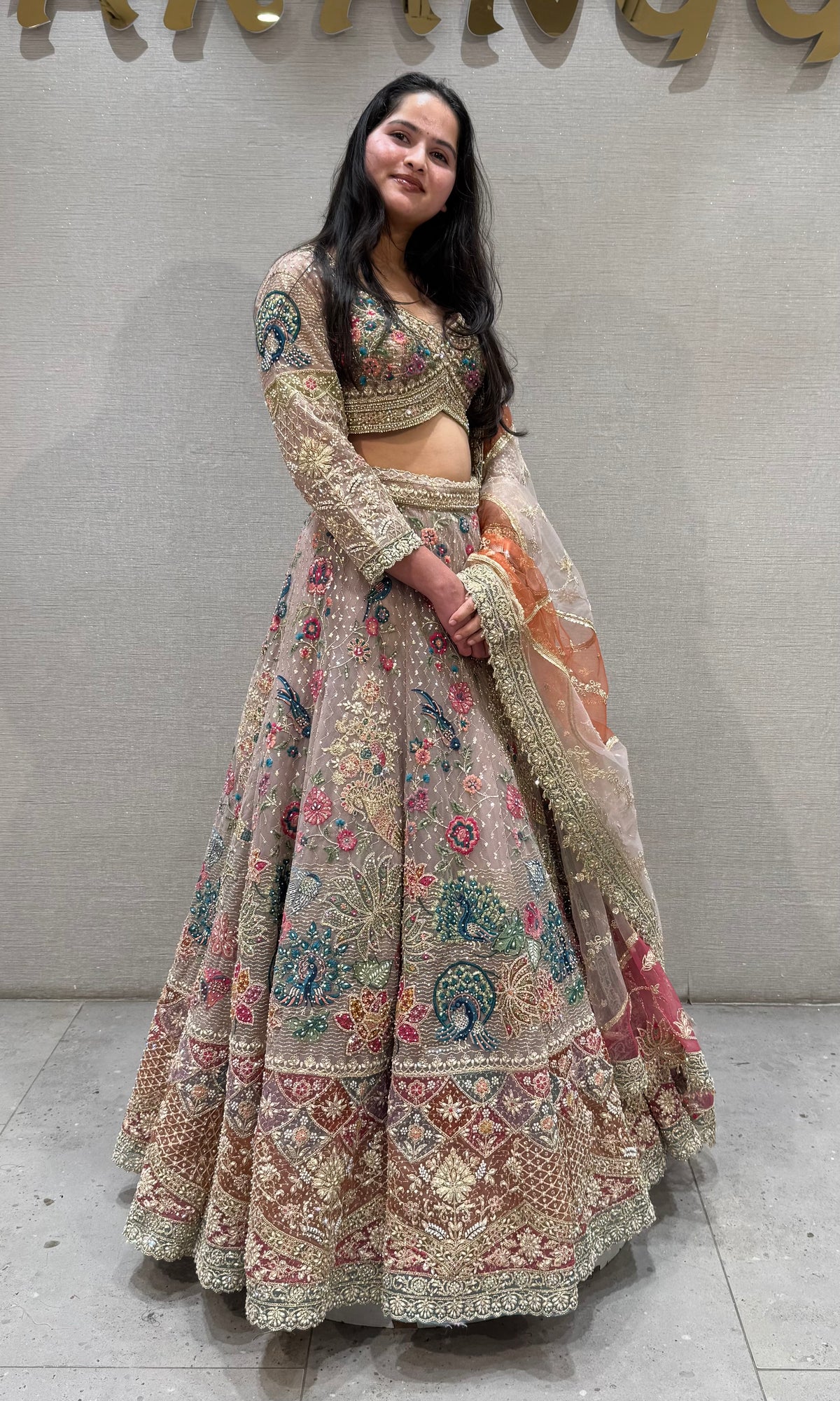 PINK Multicolour Floral Embroidered netted bridal Lehenga