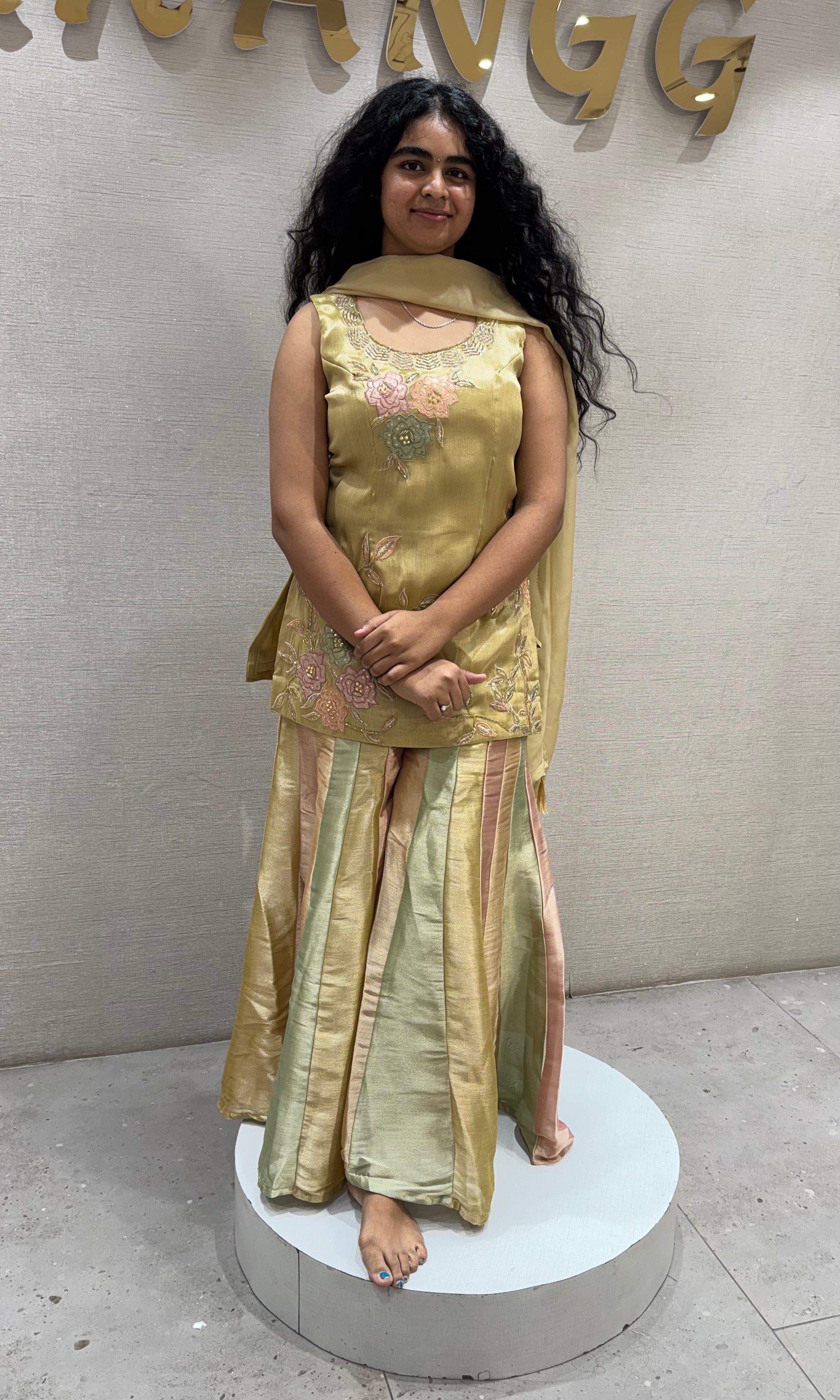 GOLD Tissue Silk Sharara with Floral Embroidery