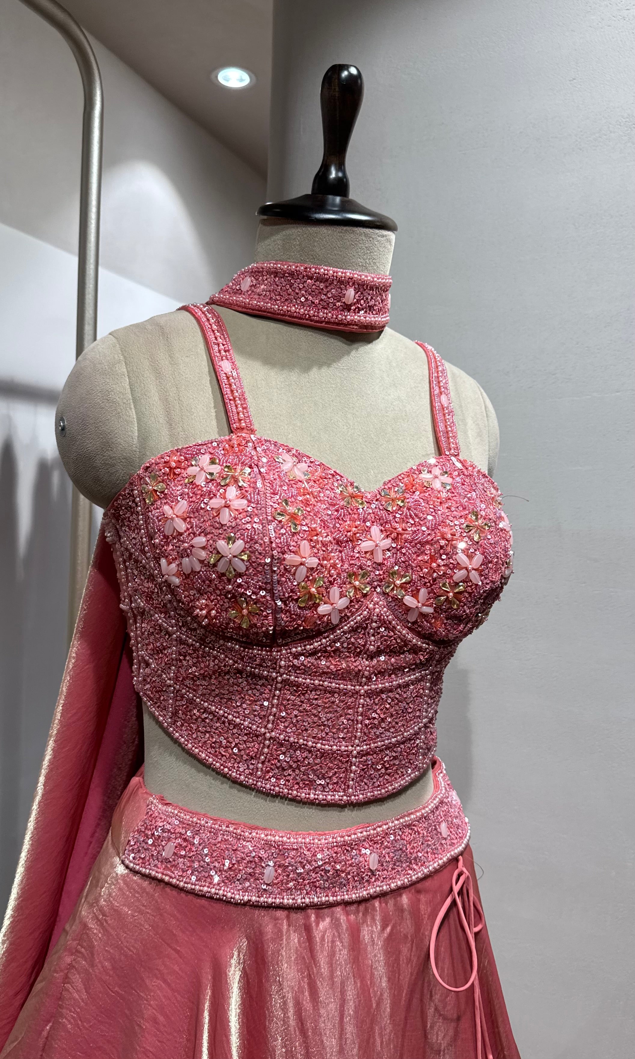 pink shimmer silk corset blouse lehenga