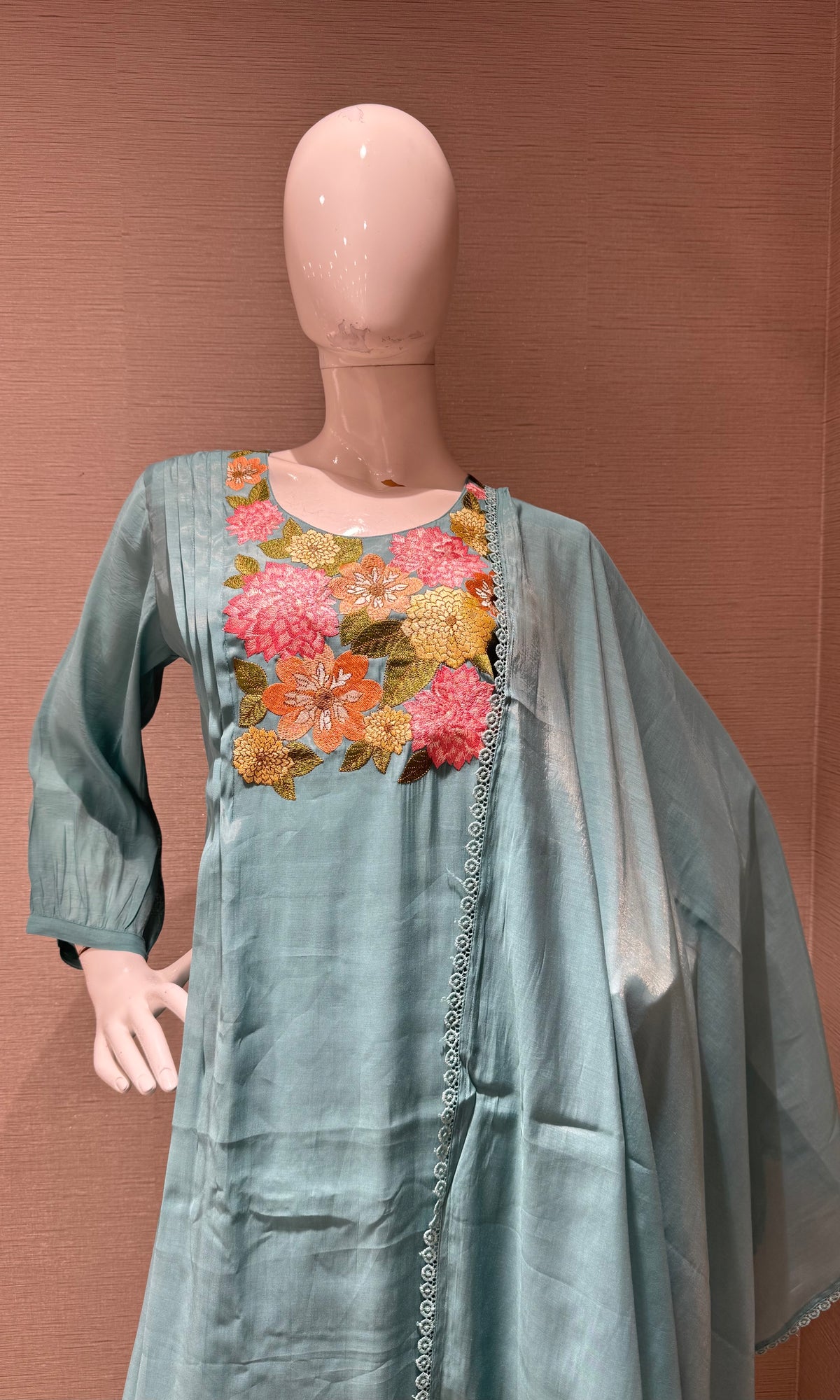 Blue Floral Embroidered Mul Chanderi A Line kurta Set with dupatta