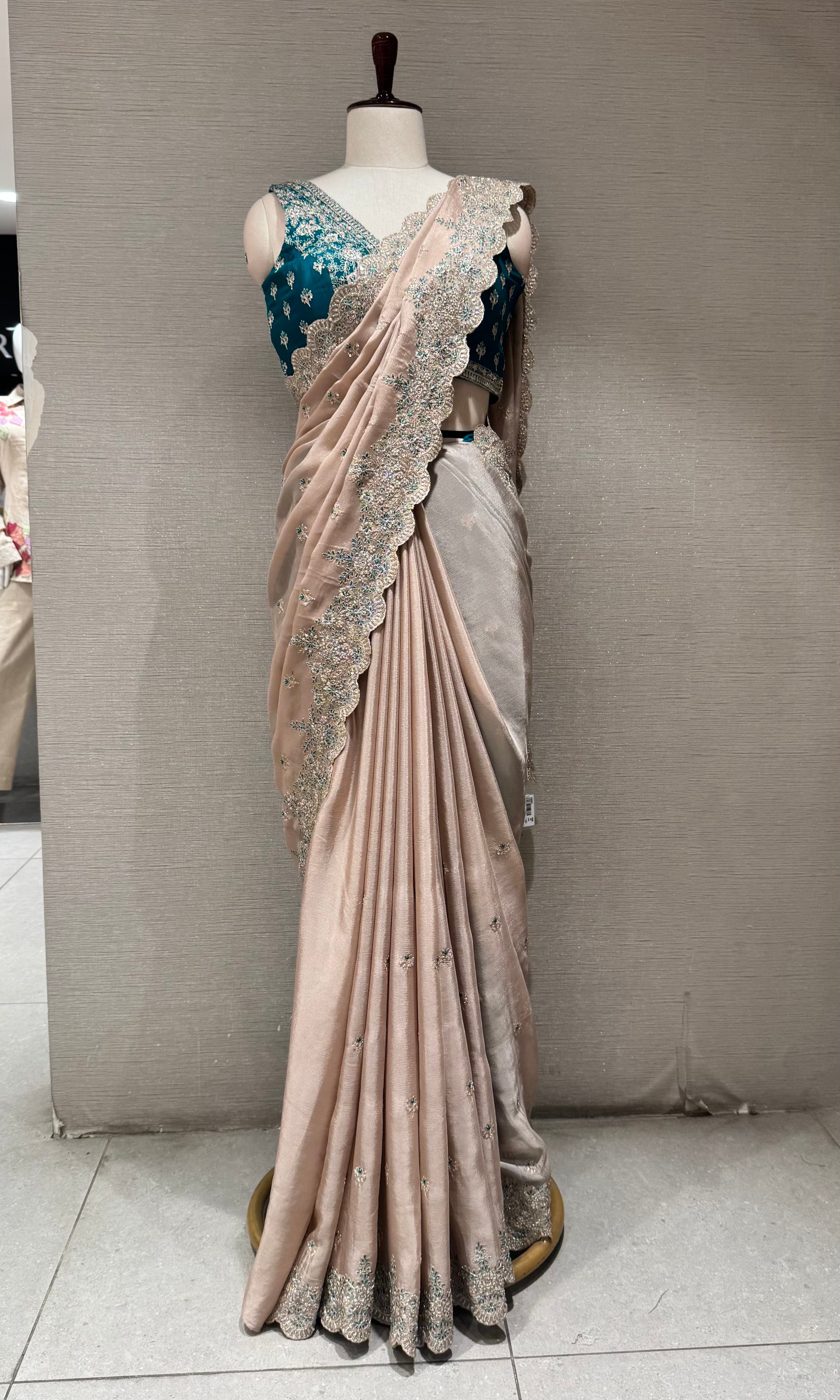 Champagne Silk Saree with Peacock Blue Blouse