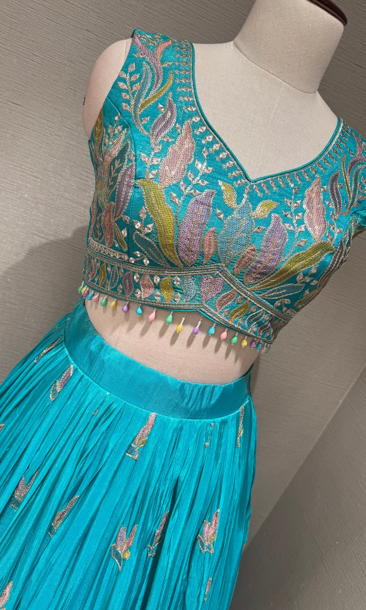 Sea Blue Tissue silk Floral Print Lehenga Set