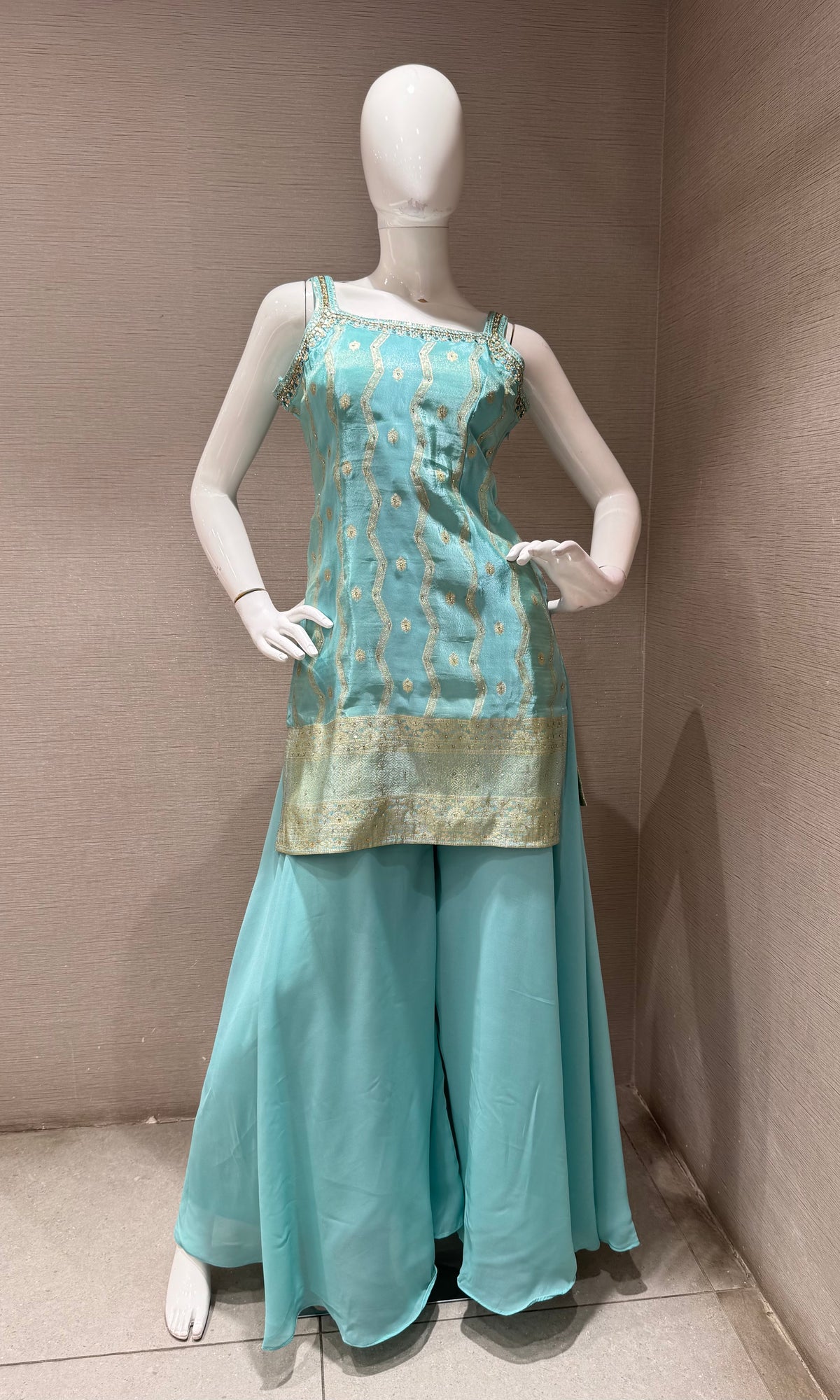 Sea Blue Georgette Flared Sharara set with Dupatta