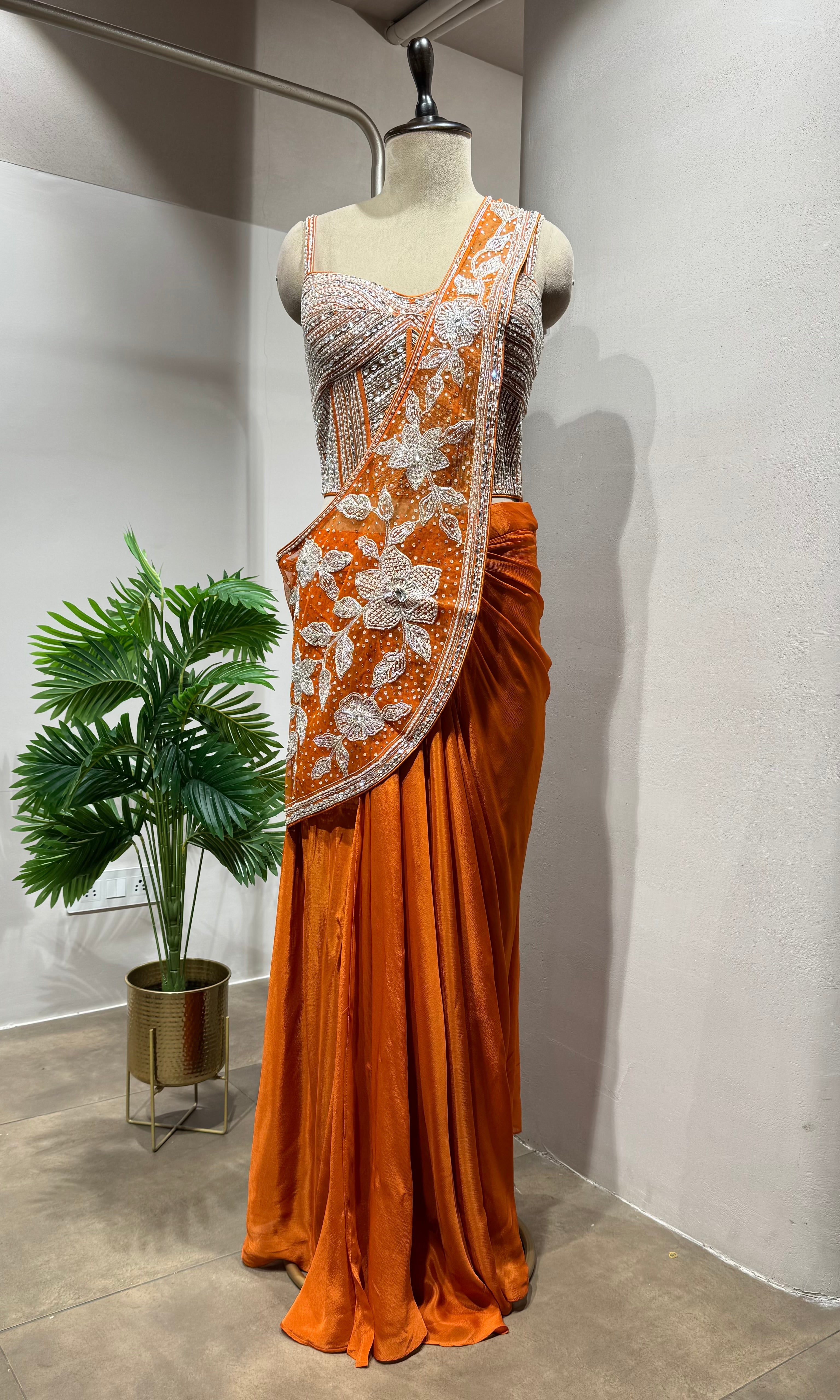 Orange drape Saree with Crystal Floral Embroidery blouse