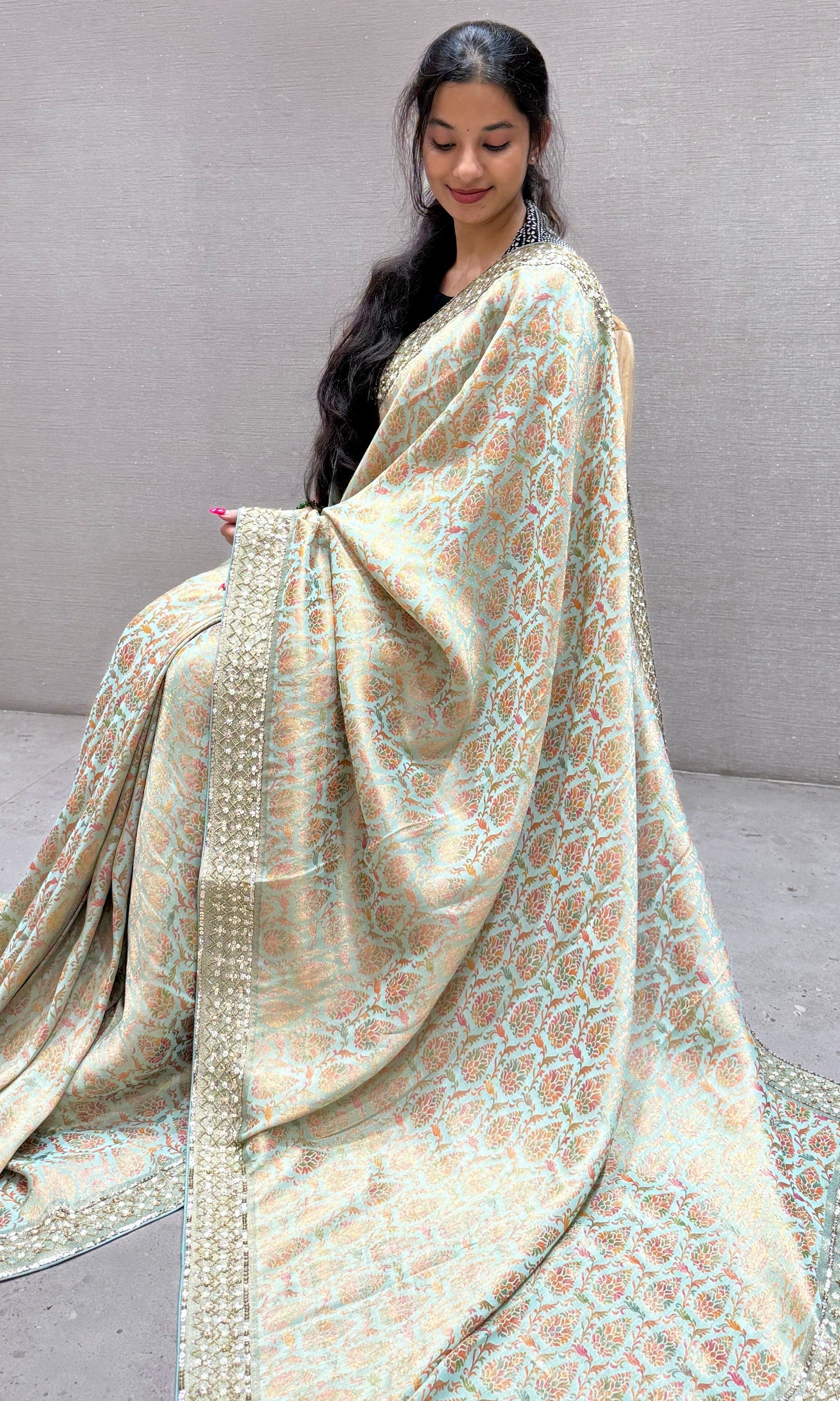 Pastel Sage Green Banarasi saree with ready blouse