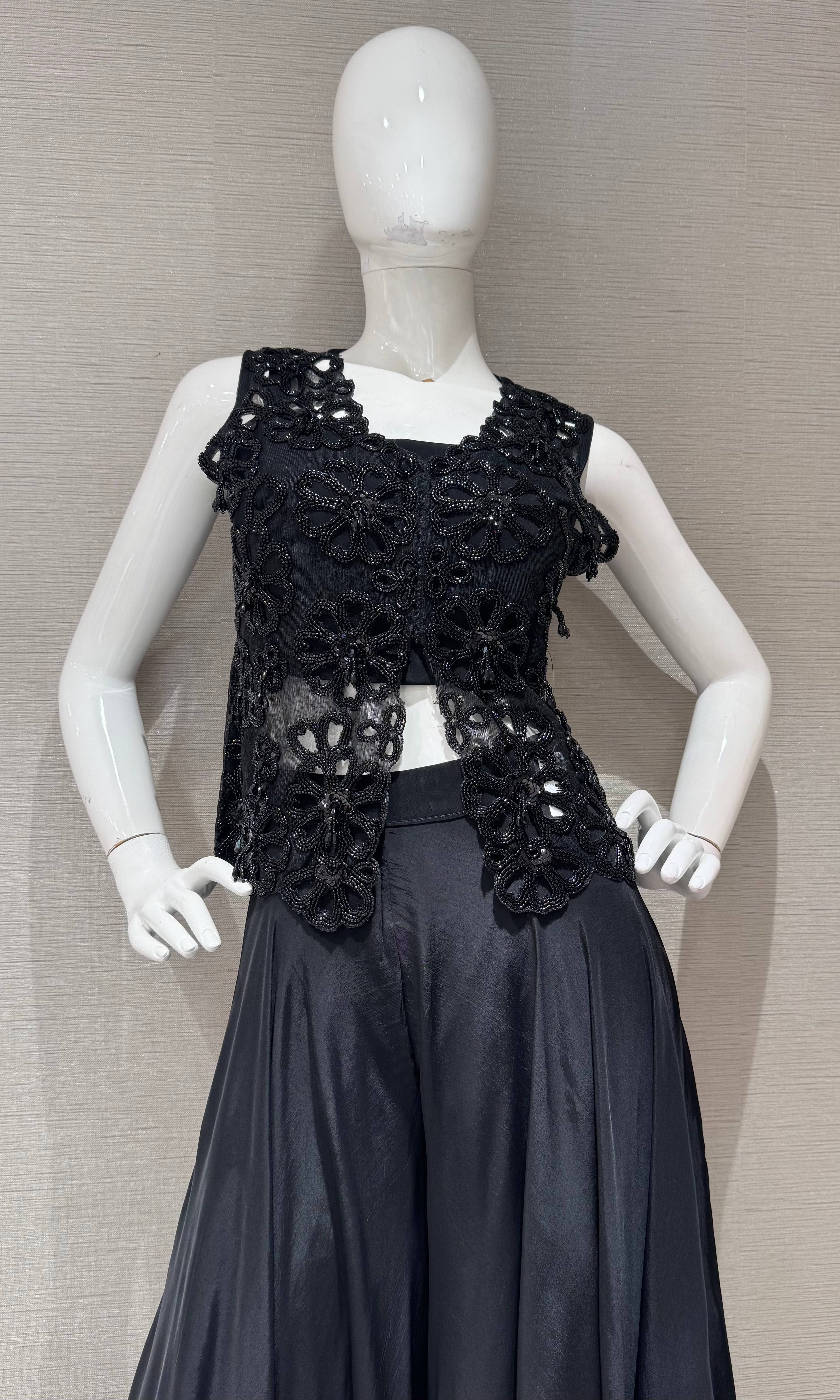 Black Lace Bodice Palazzo with Flared Chiffon Skirt