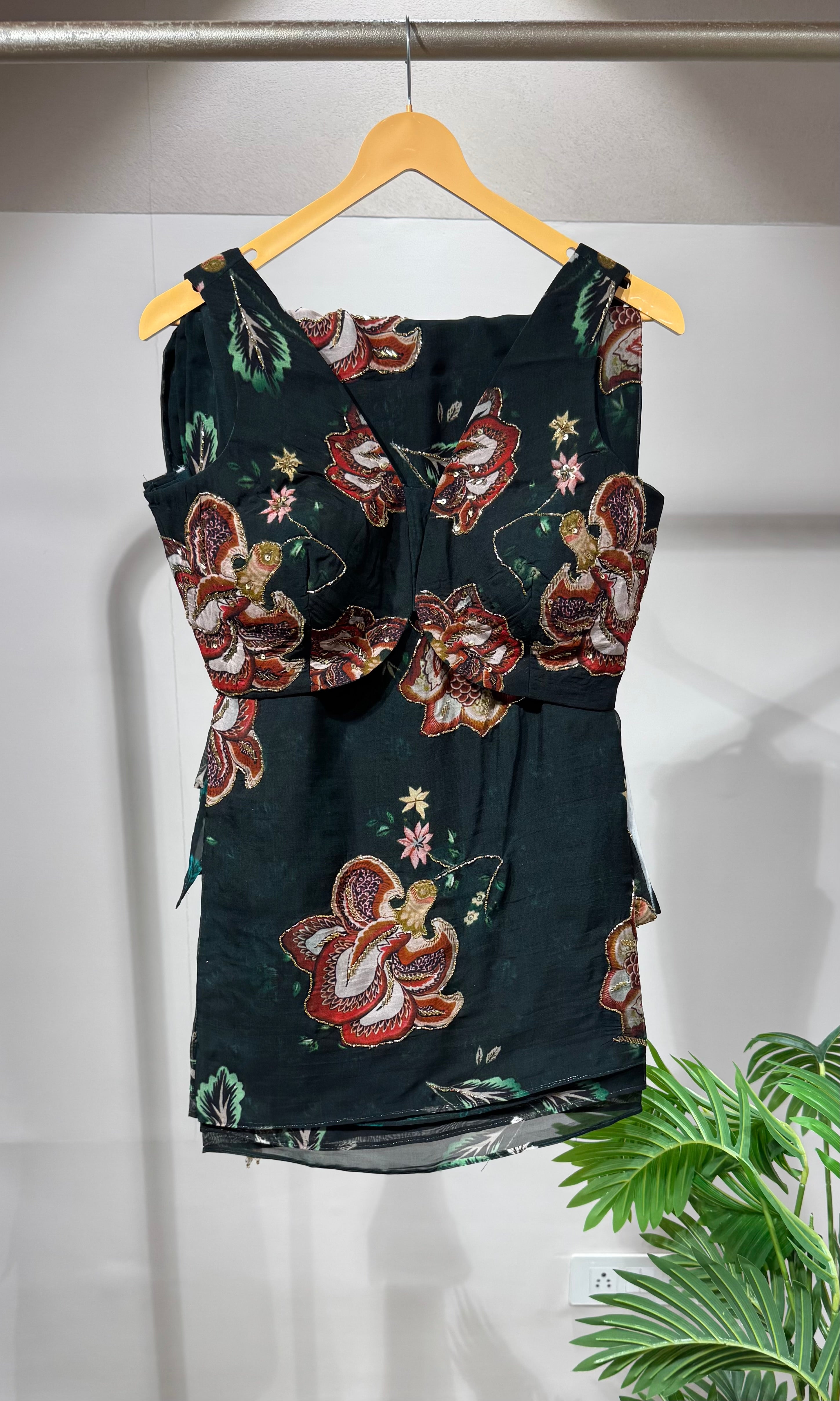 Green floral saree with embroidered blouse