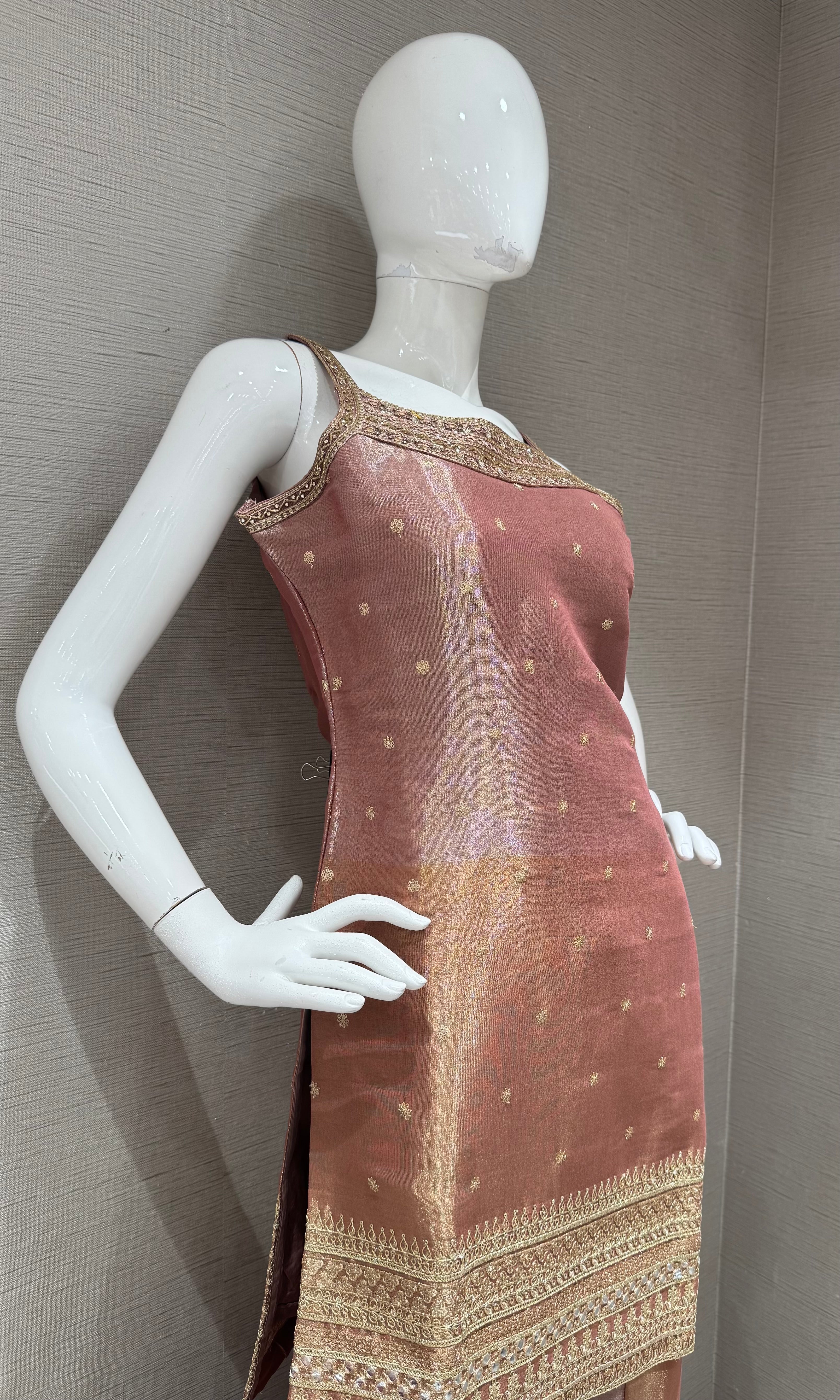 Onion Pink and Gold Zari Sharara set with Sheer Dupatta