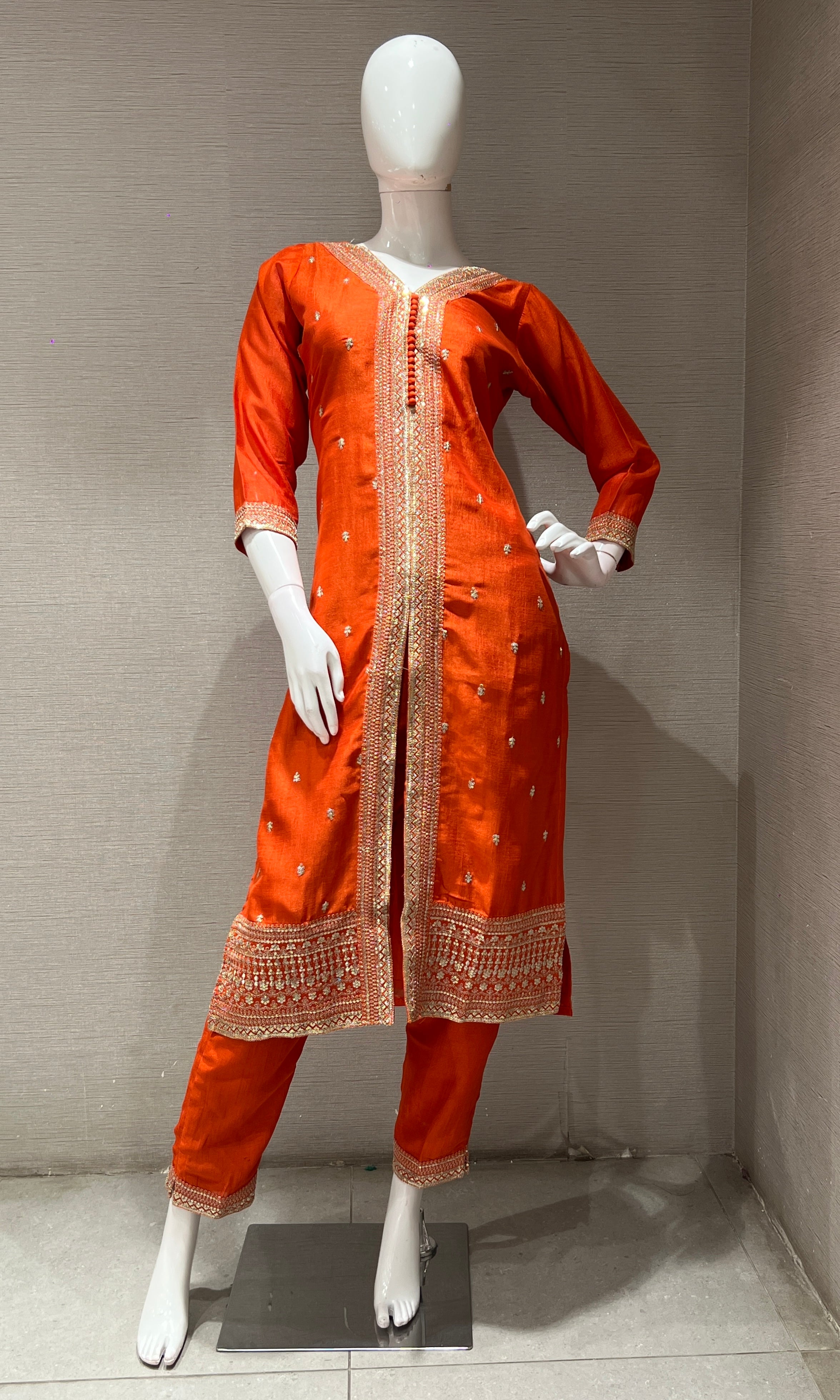 Orange golden embroidered kurta set