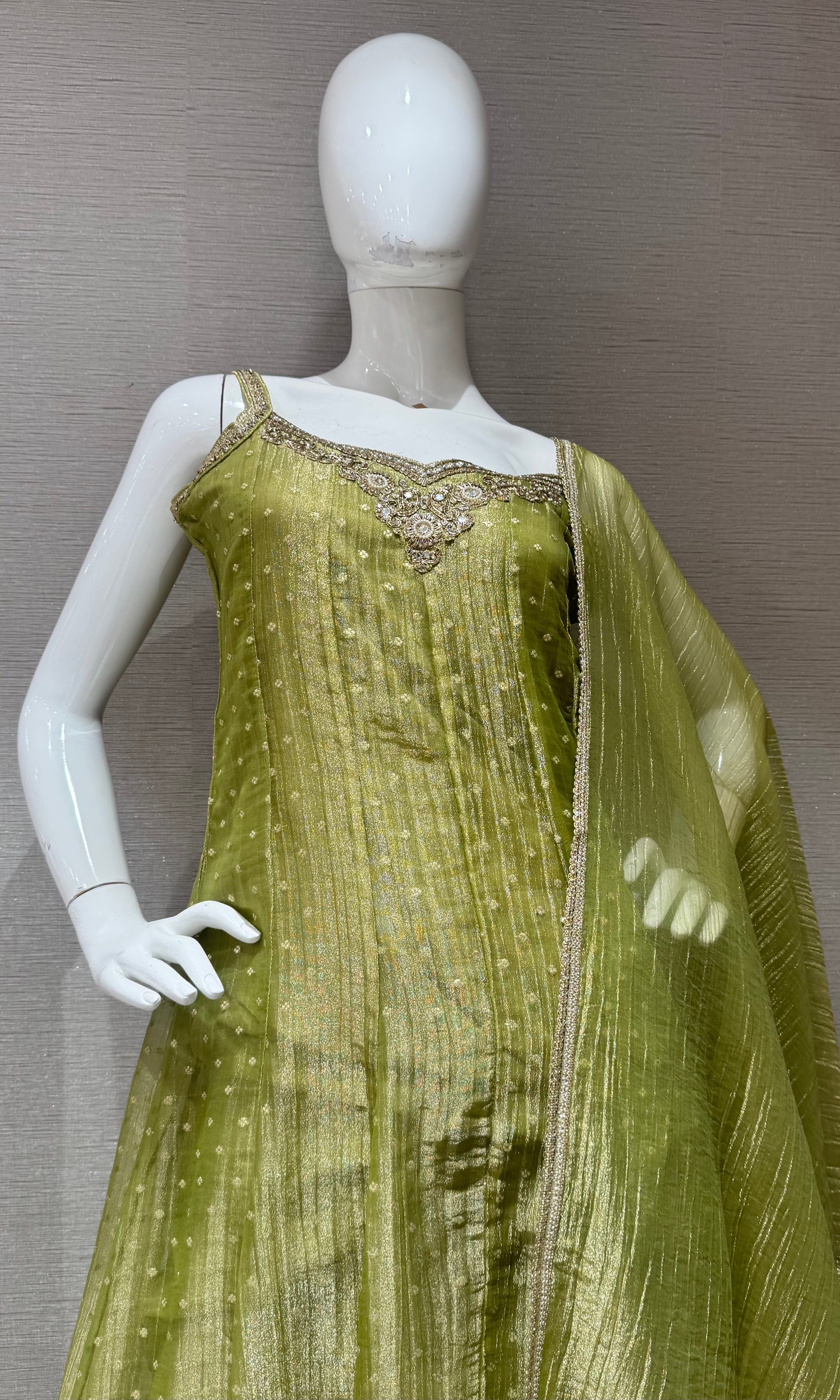 Green Shimmer Anarkali with Dupatta
