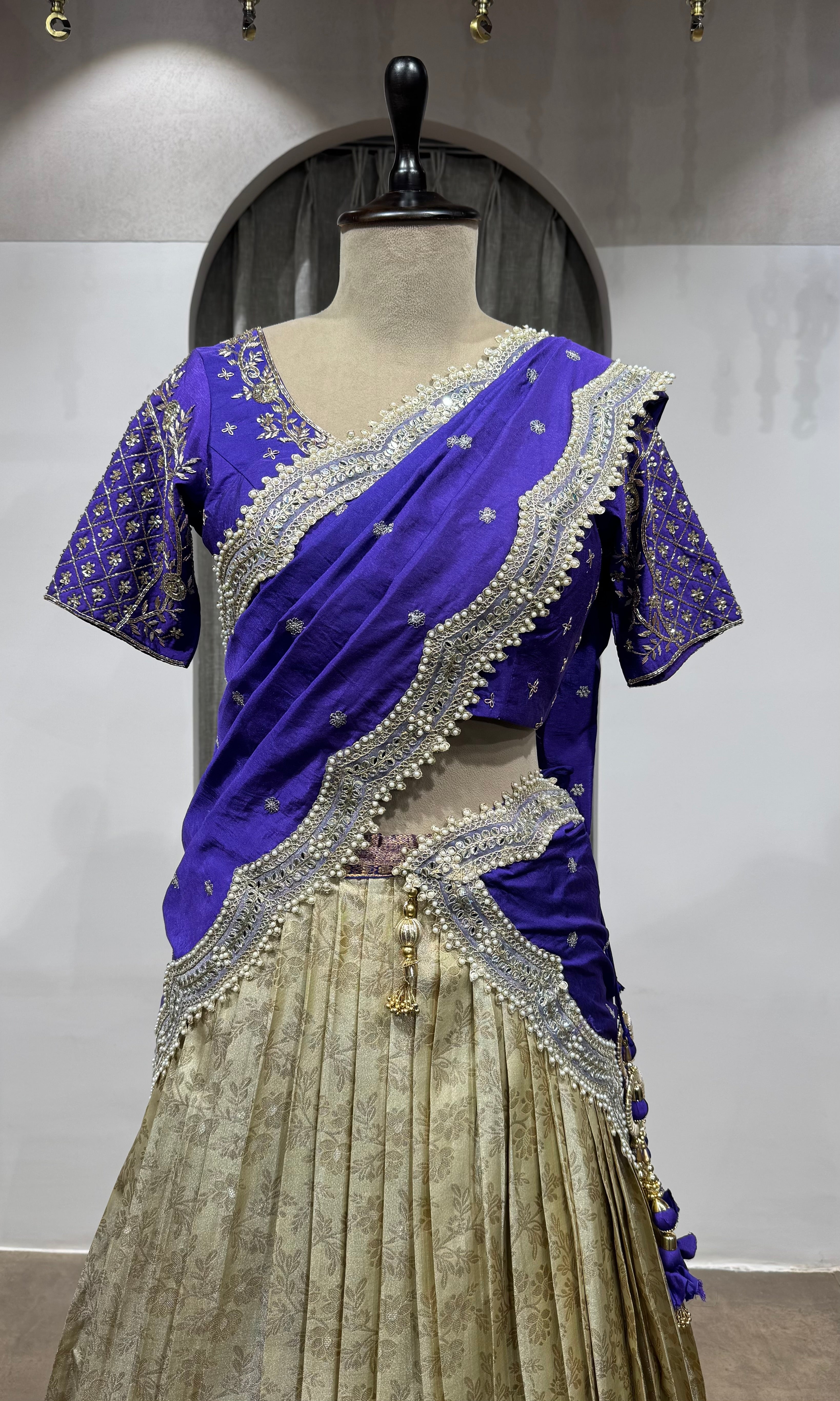 purple and cream kanjivaram Pattu lehenga