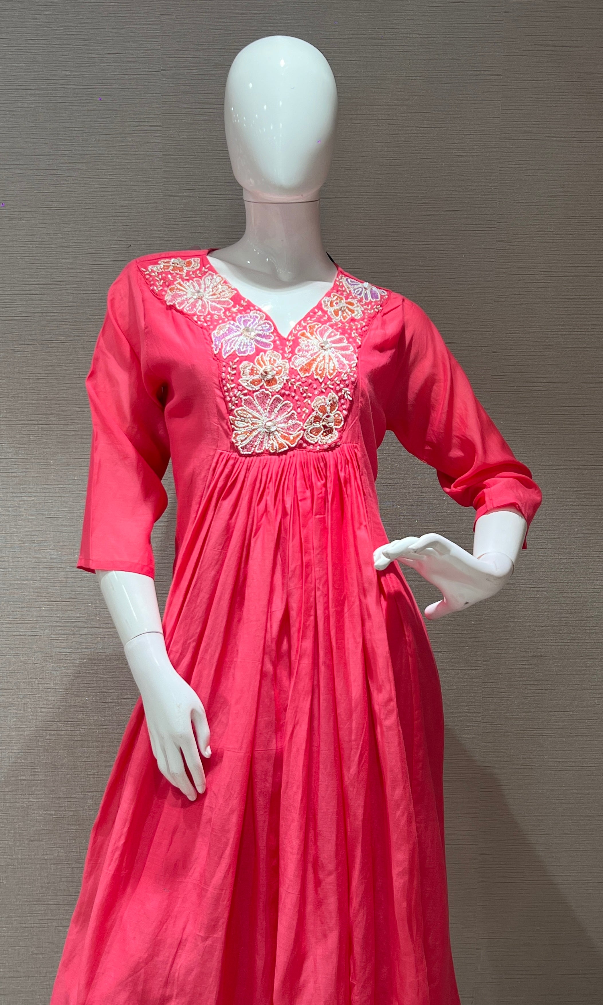 Pink Floral Neckline Kurta Set