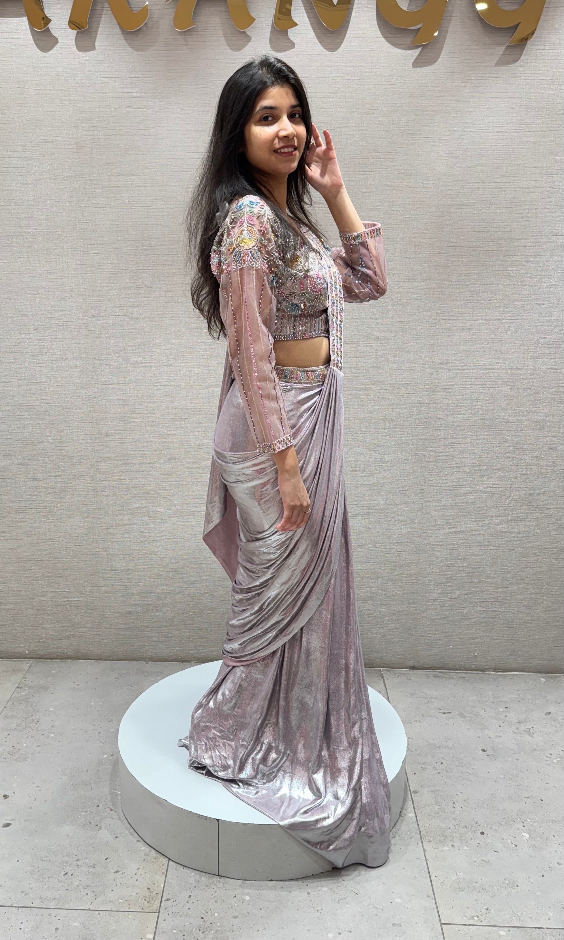 Peach Pre-Draped Metallic Shimmer Saree