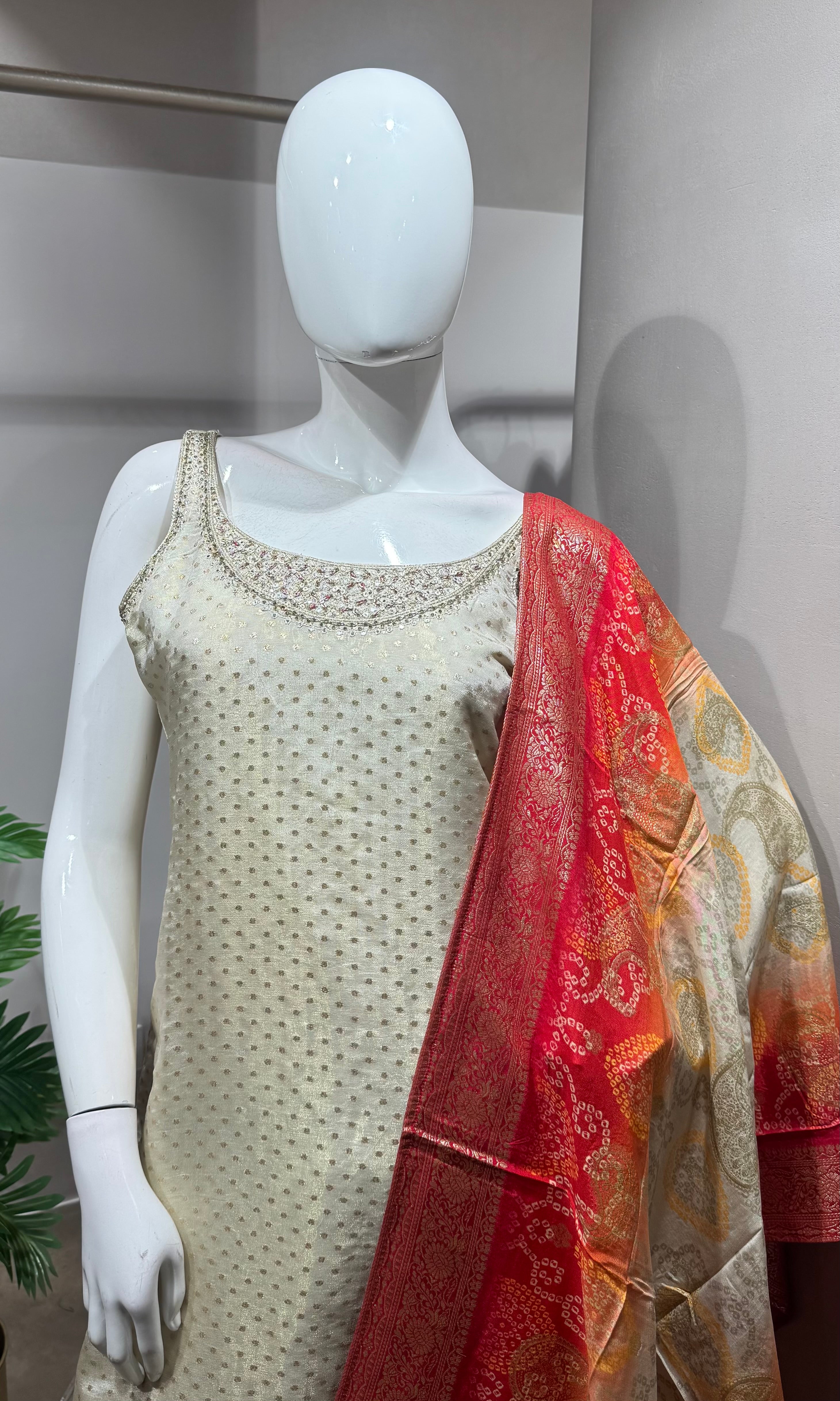 Cream embroidered kurta set with dupatta