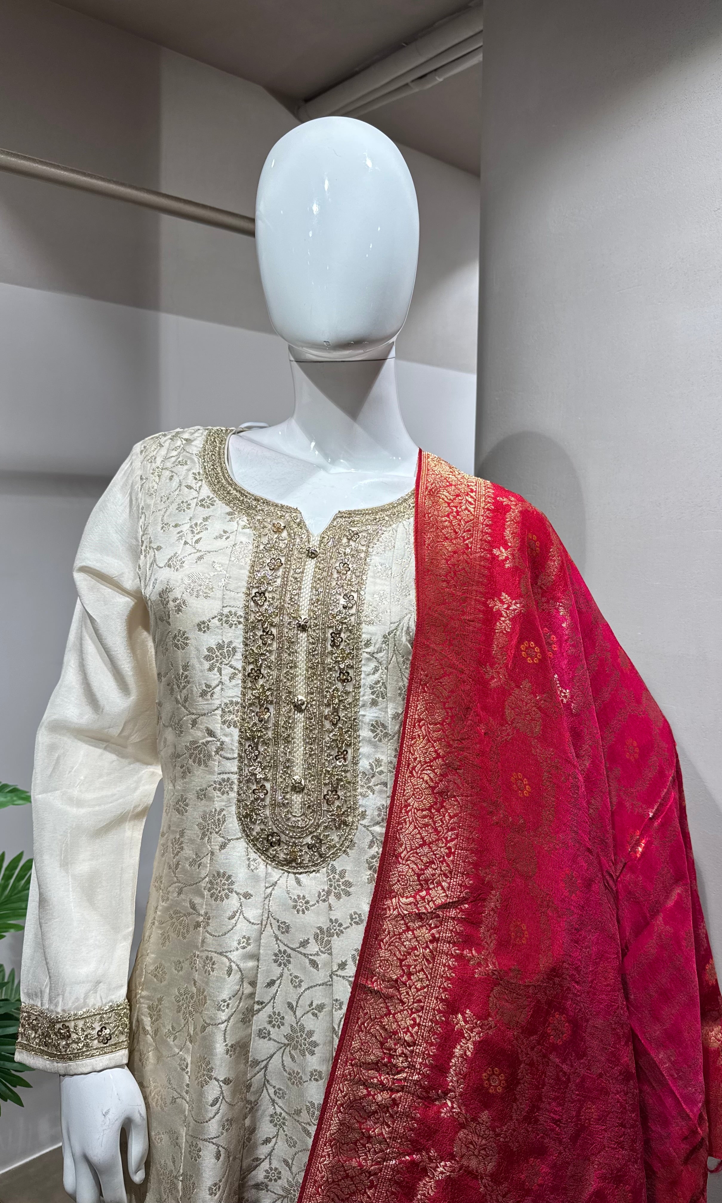 cream Banarasi silk anarkali set