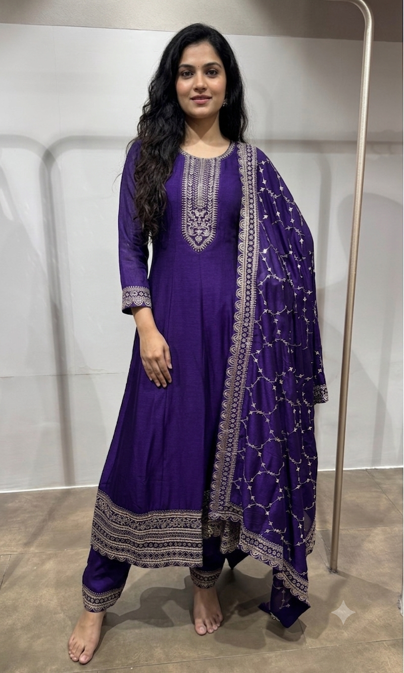 Royal Purple Embroidered Anarkali with Dupatta