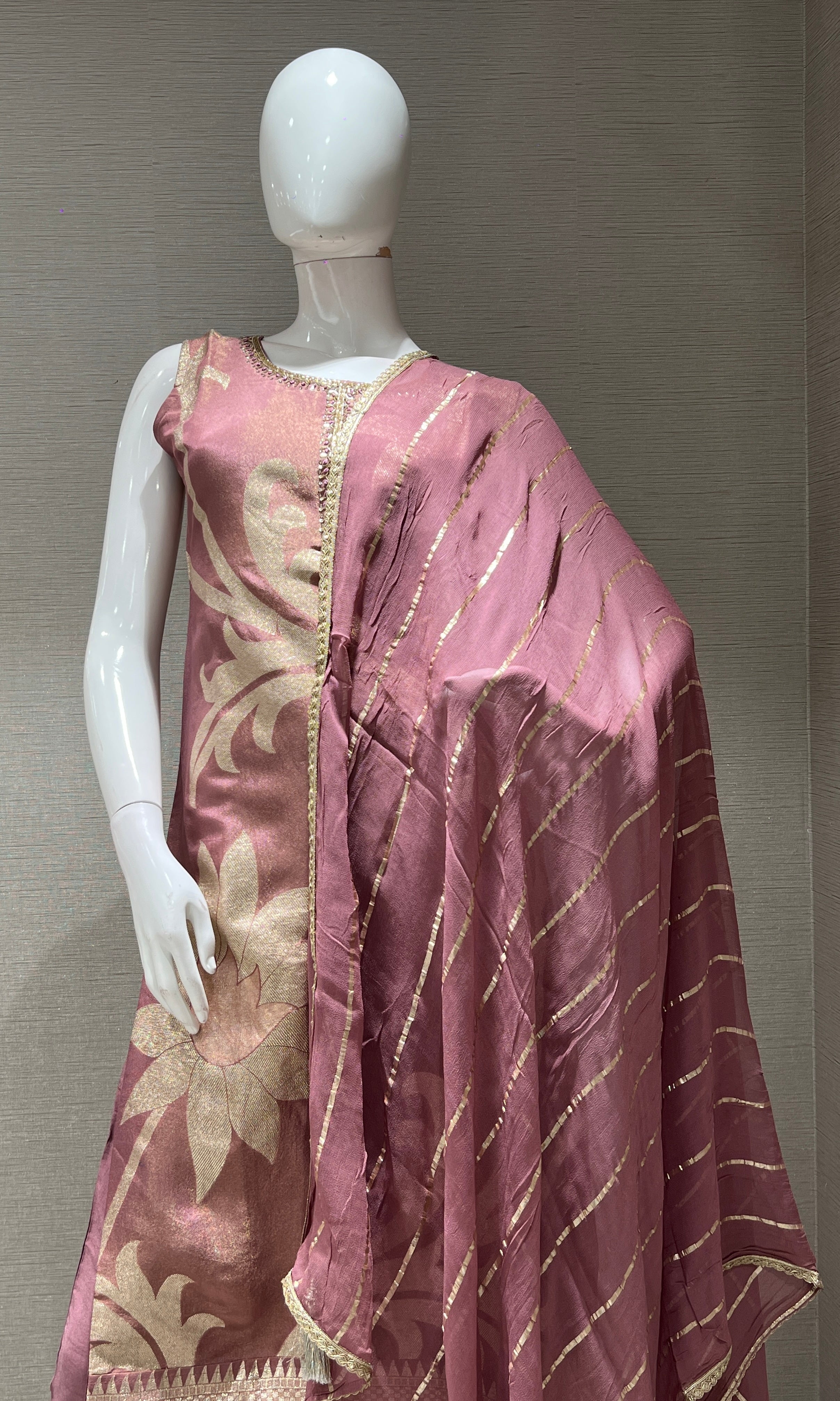 onion pink striped embroidery kurta set