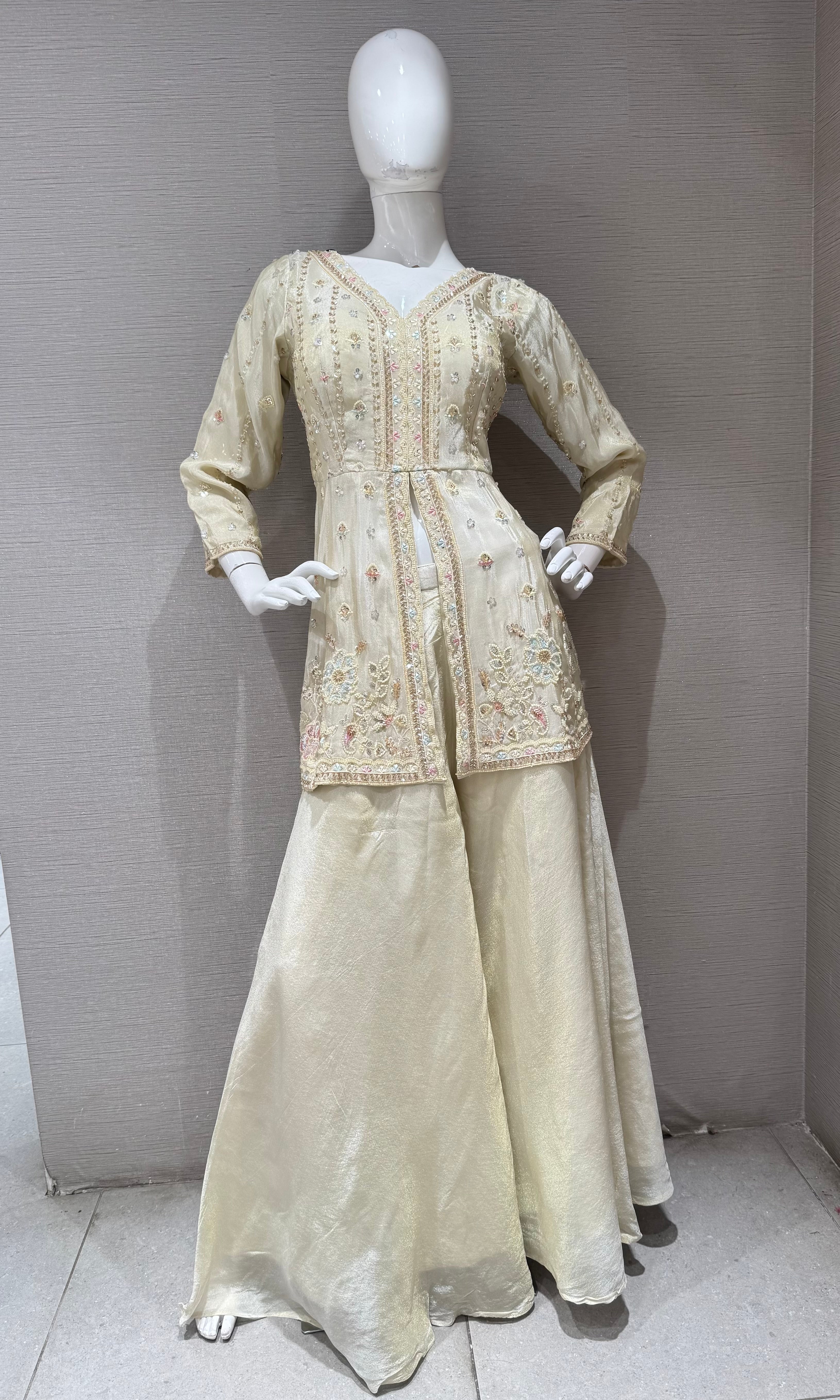 Cream Embroidered Tissue Peplum Palazzo set