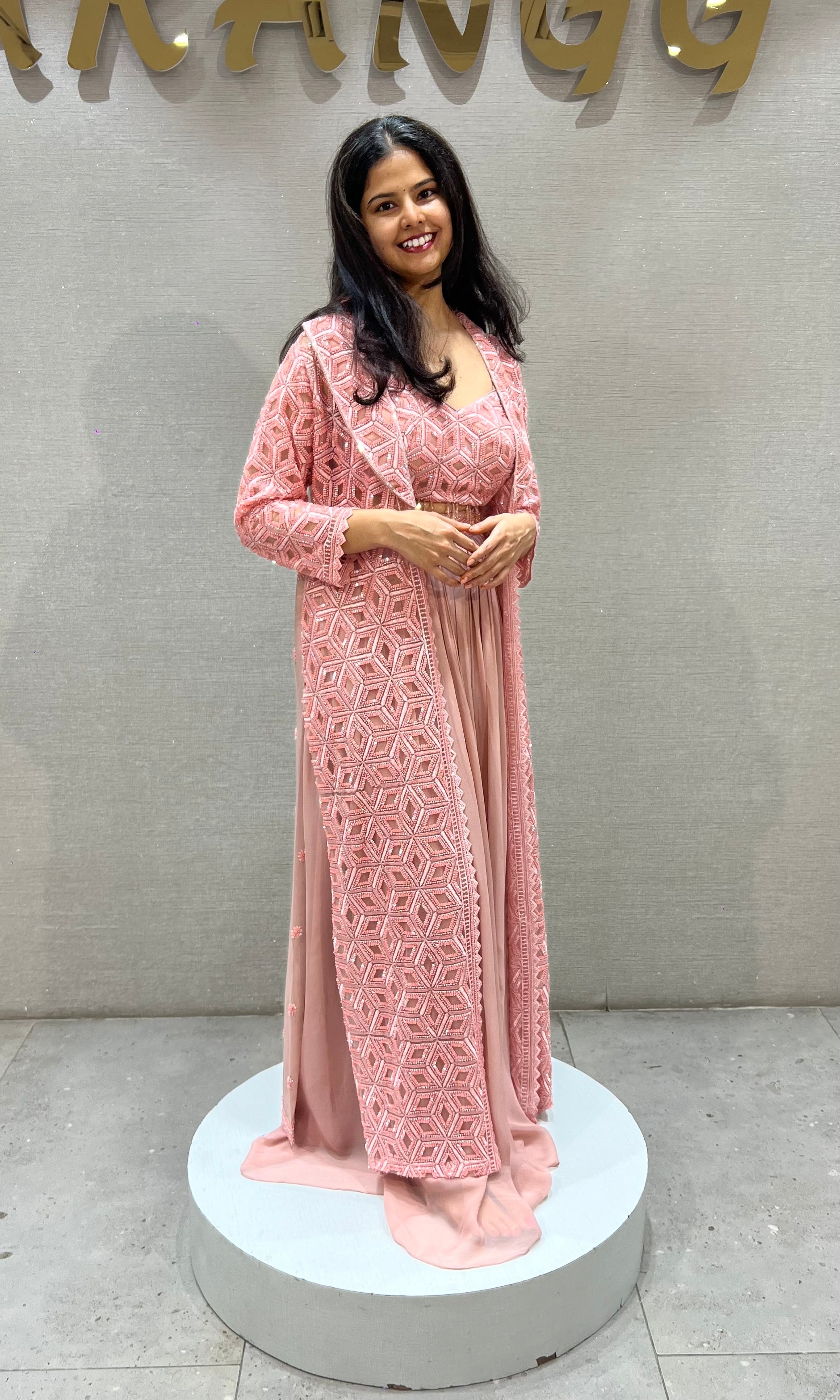 Onion Pink silk Embroidered Maxi Skirt with Cape Set