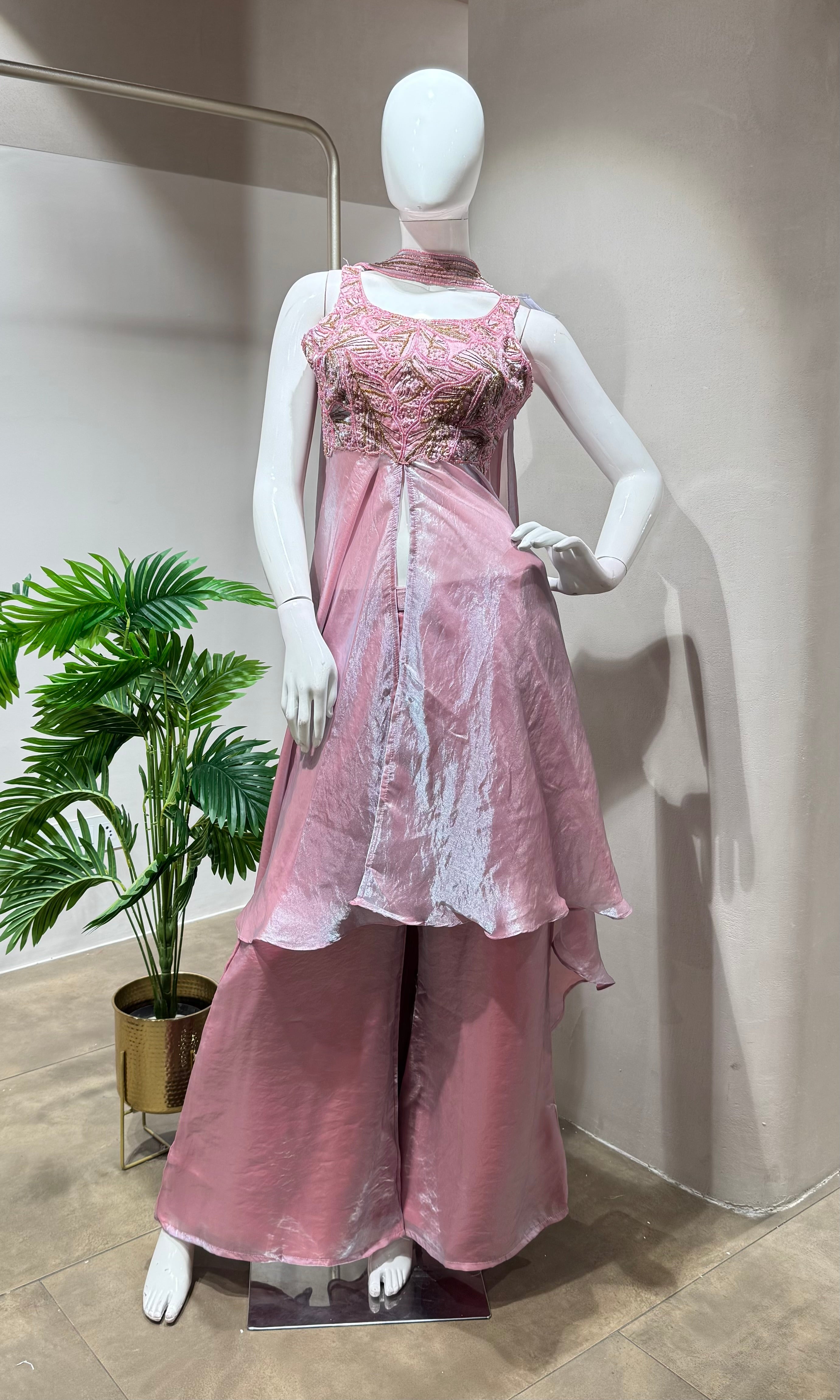 PINK A LINE SHIMMER TISSUE PALAZZO  SET