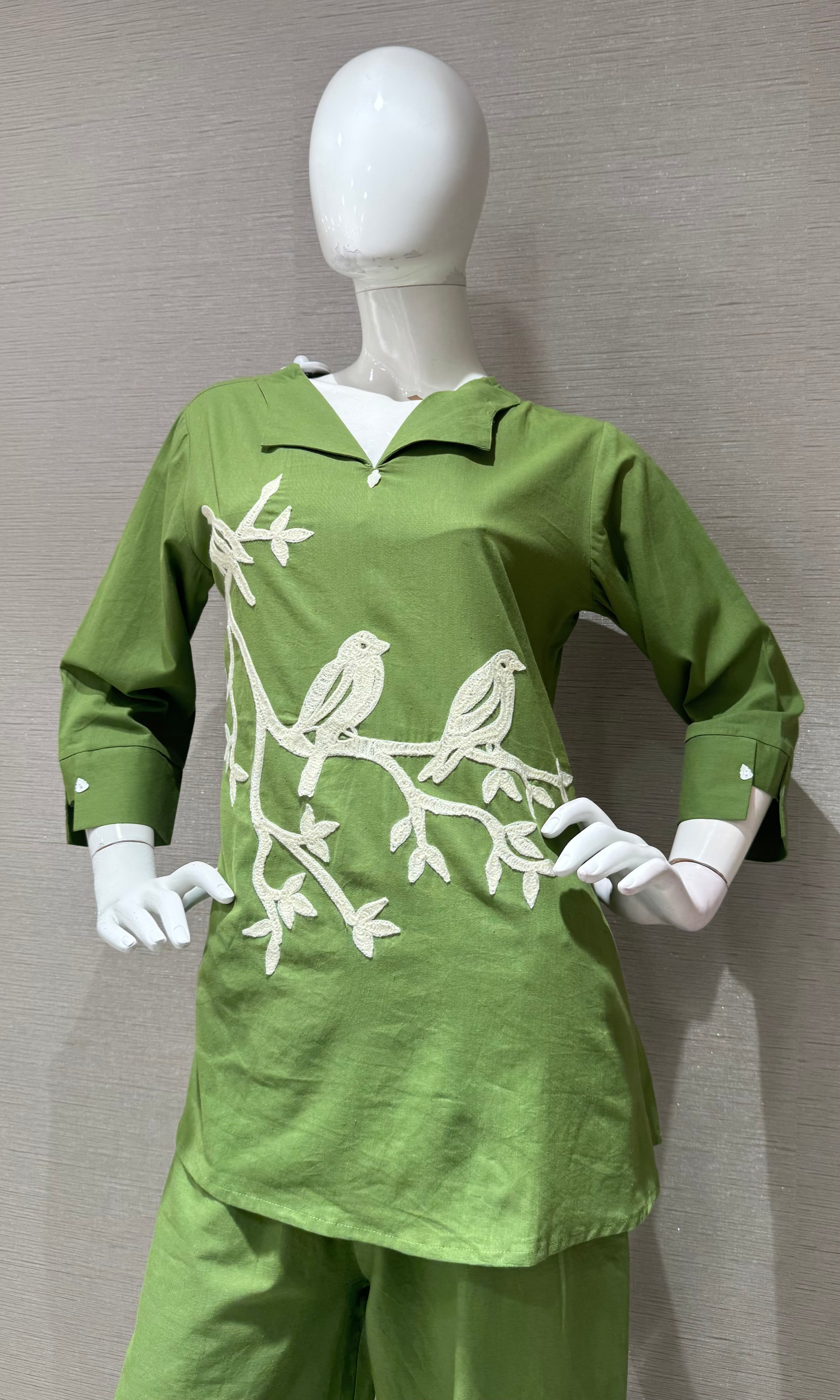 Green Bird Print Tunic Cord set