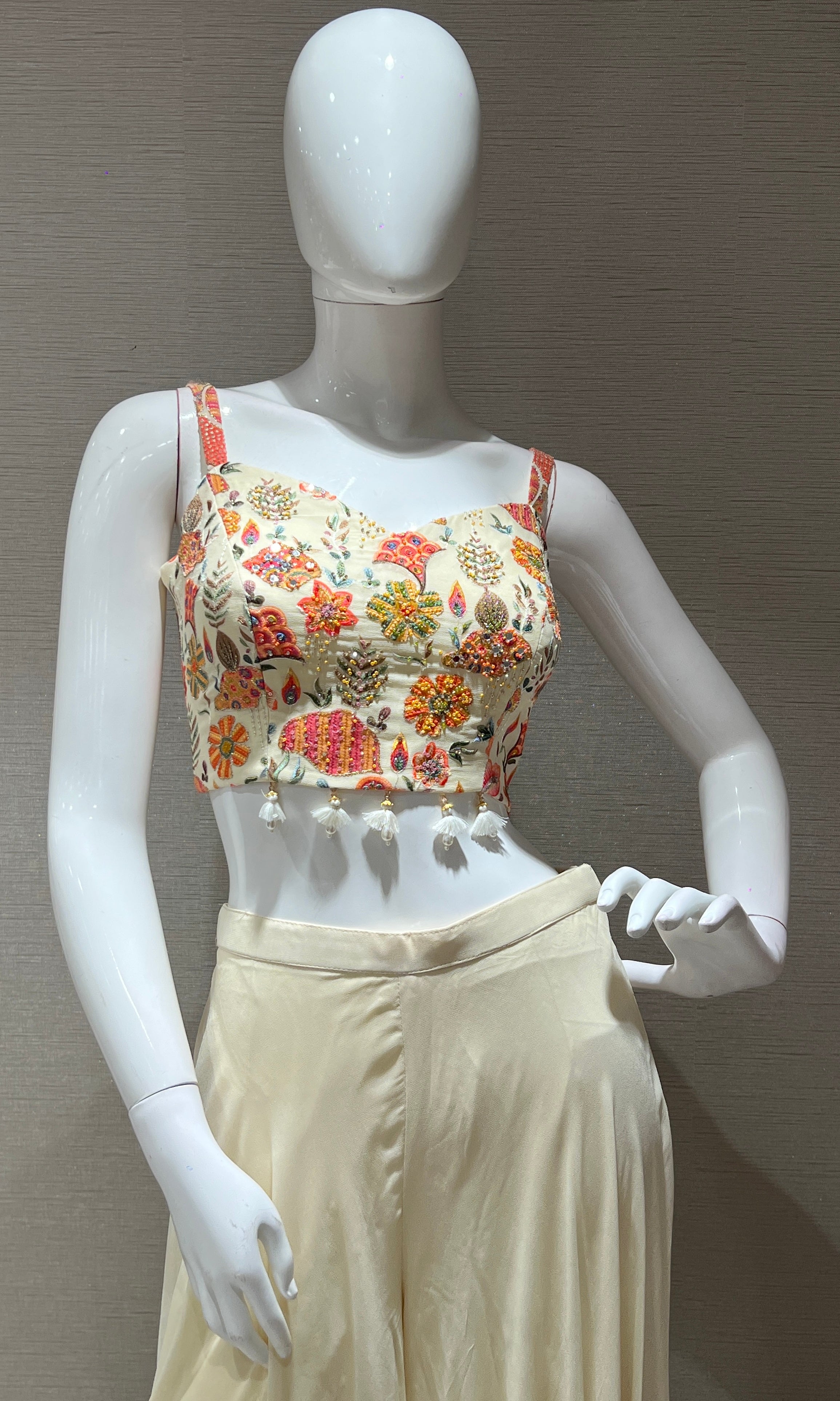Ivory Floral Crop Top with Jacket and Palazzo
