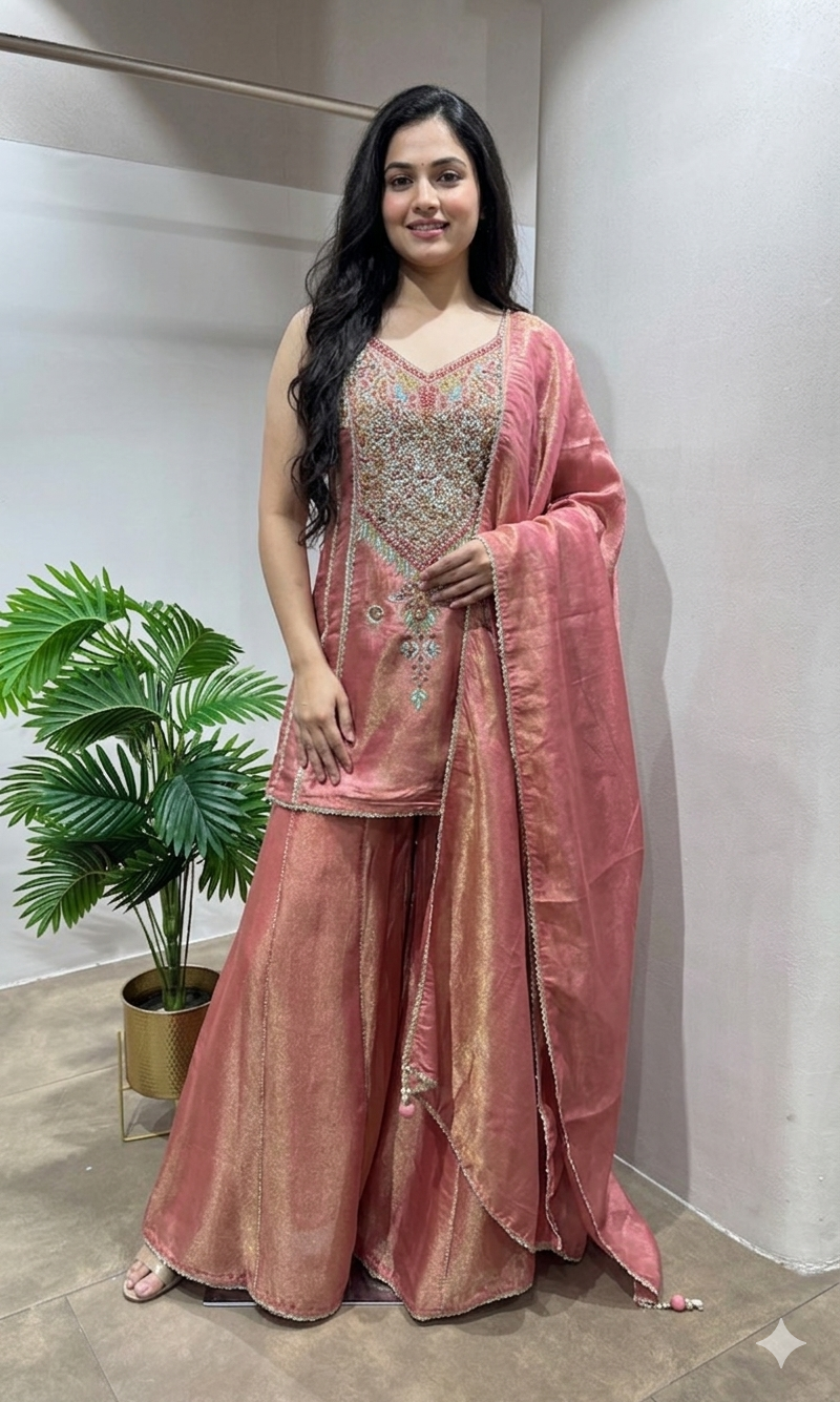 peach embroidered Tissue Sharara Set