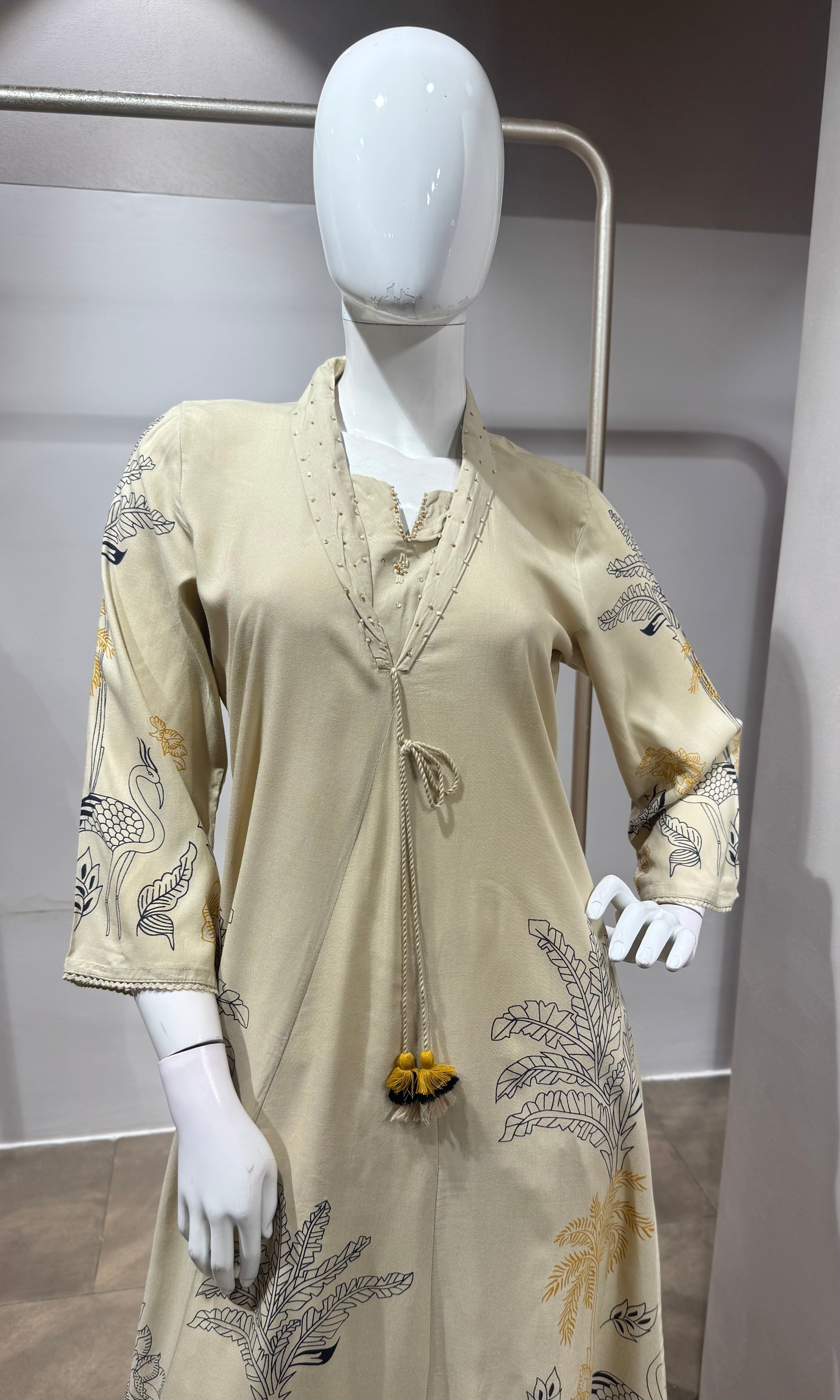Cream Printed A-Line Kurti set