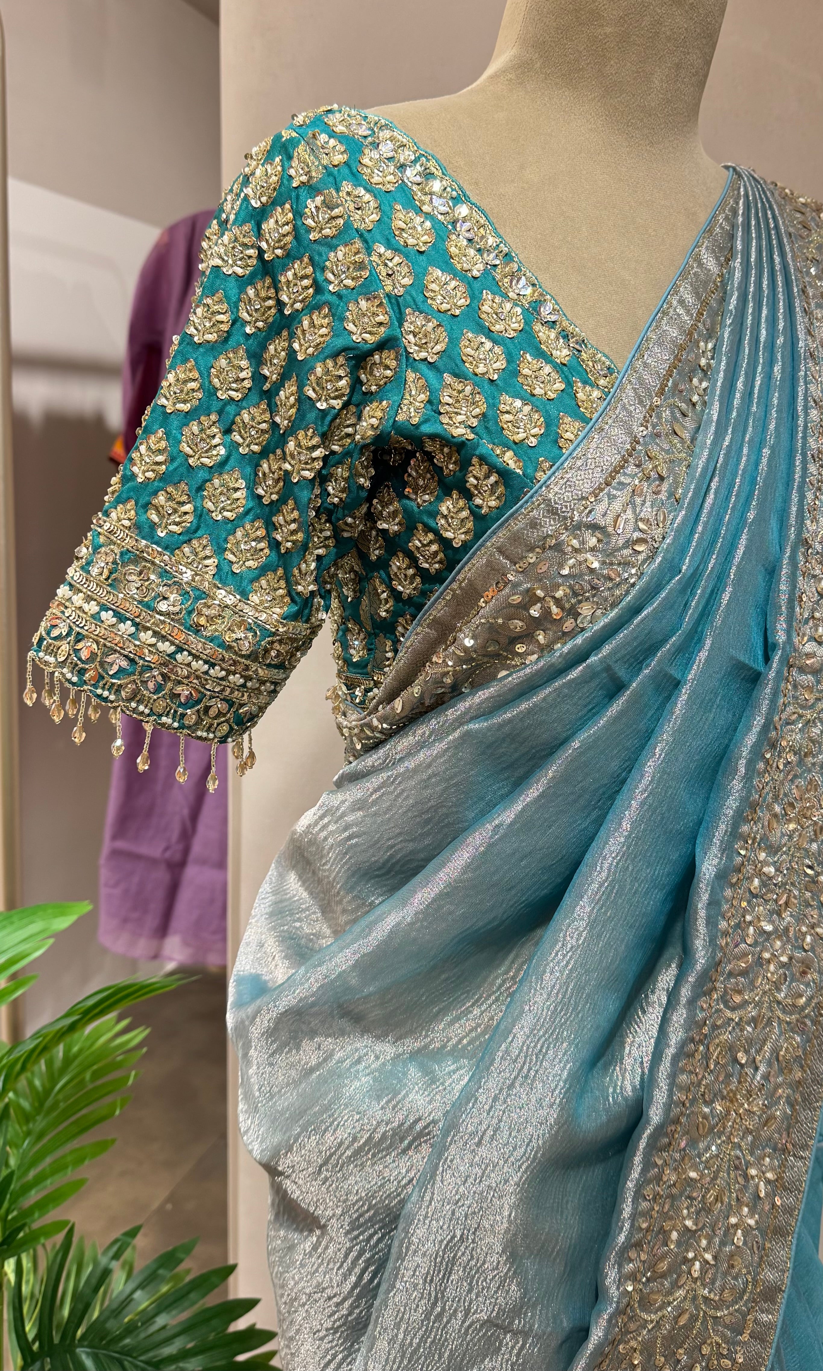 SOFT BLUE DESIGNER TISSUE SAREE WITH BLOUSE