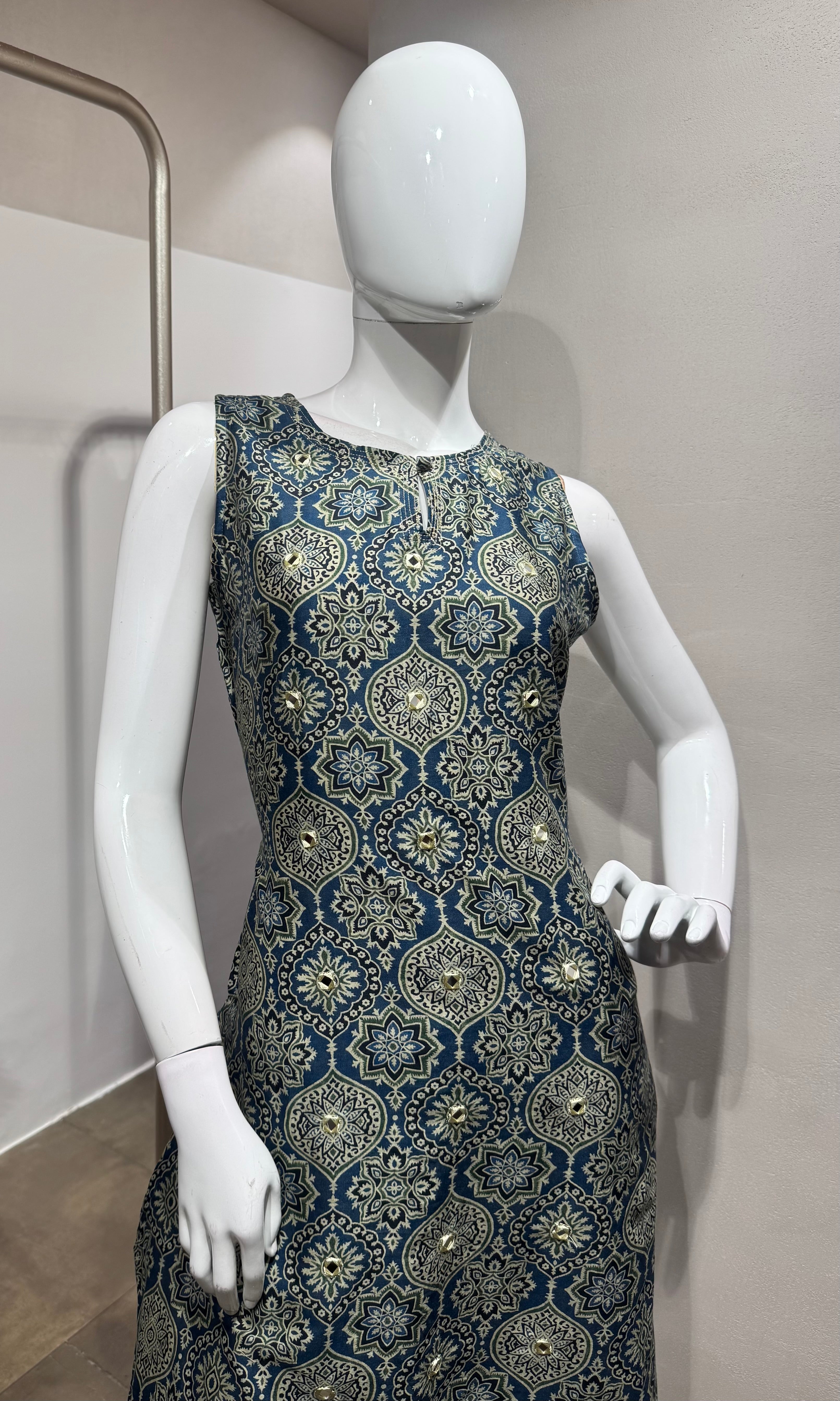blue printed silk KURTI WITH BOTTOM