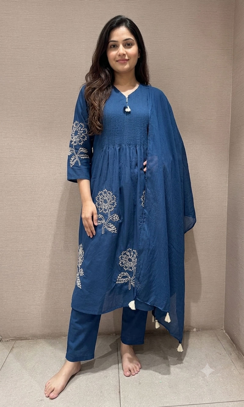 Blue white floral thread embroidery Kurta set