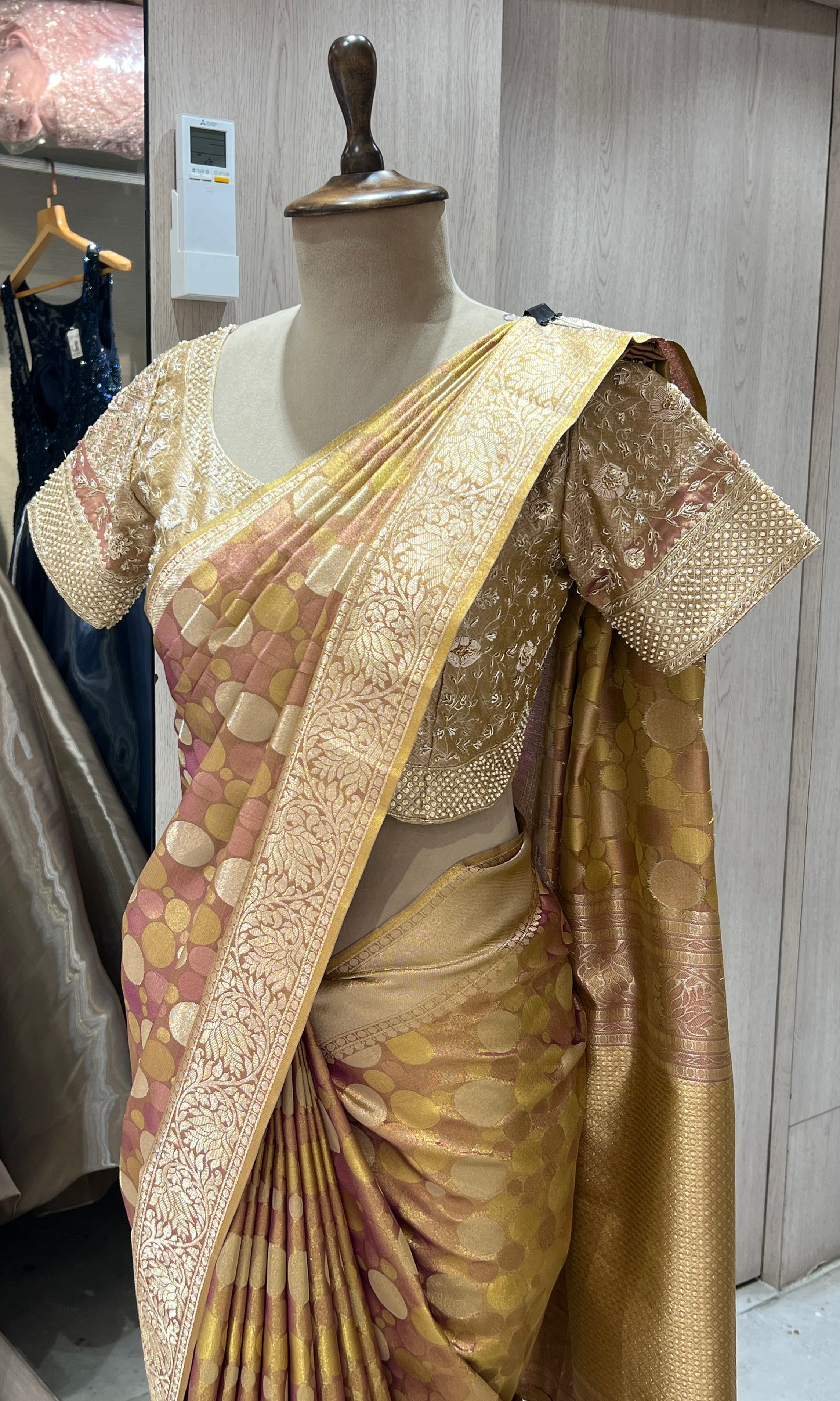 Gold saree with ready blouse