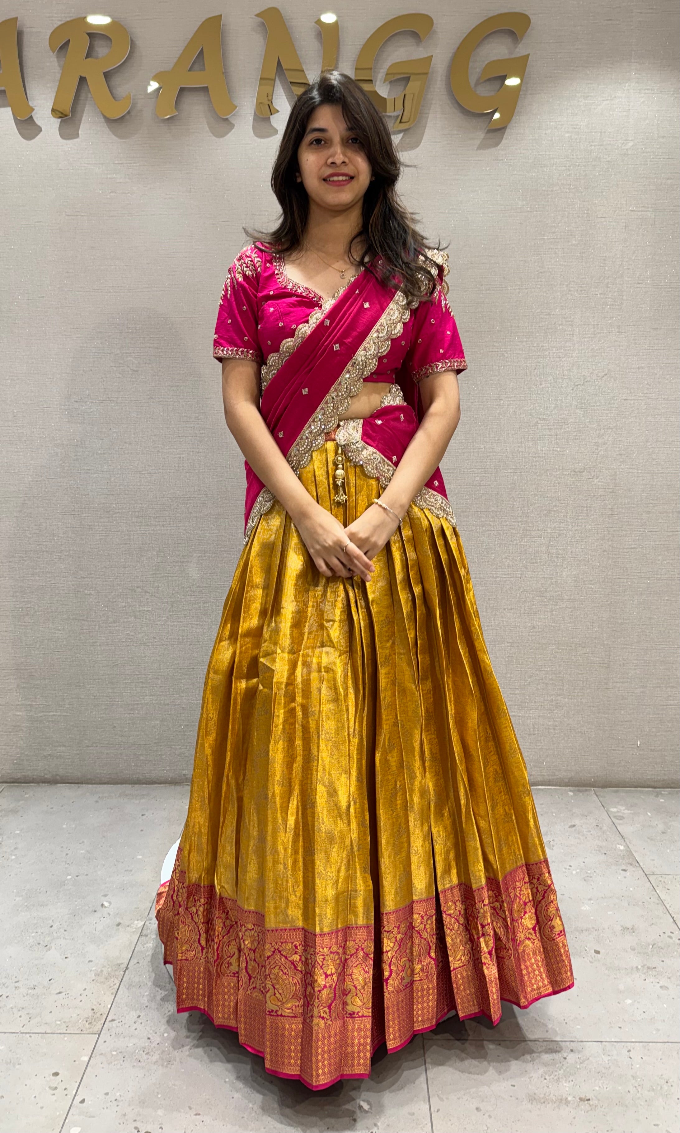 Pink & yellow Pattu Pavadai Half saree set