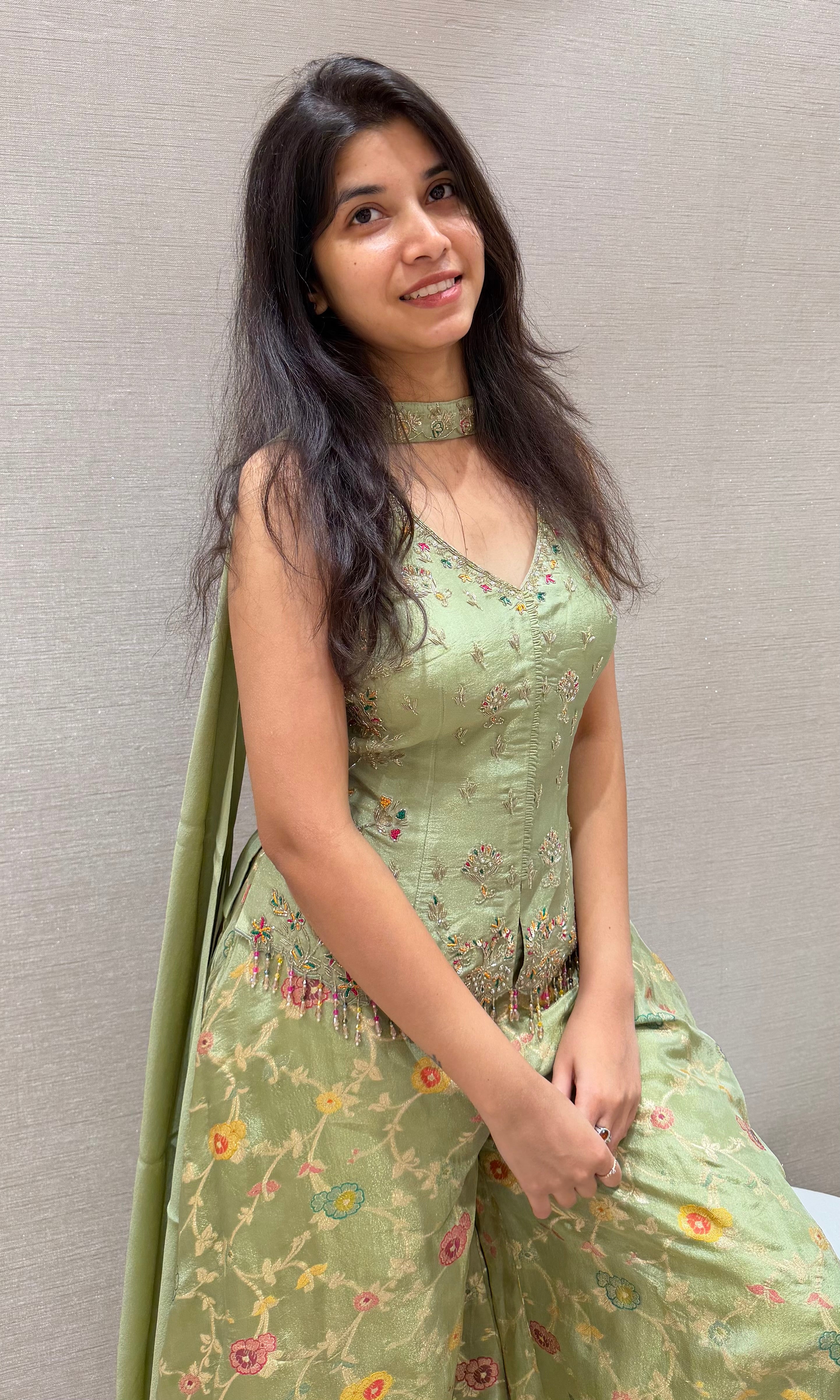 Pista green FLORAL EMBROIDERED PALAZZO SET