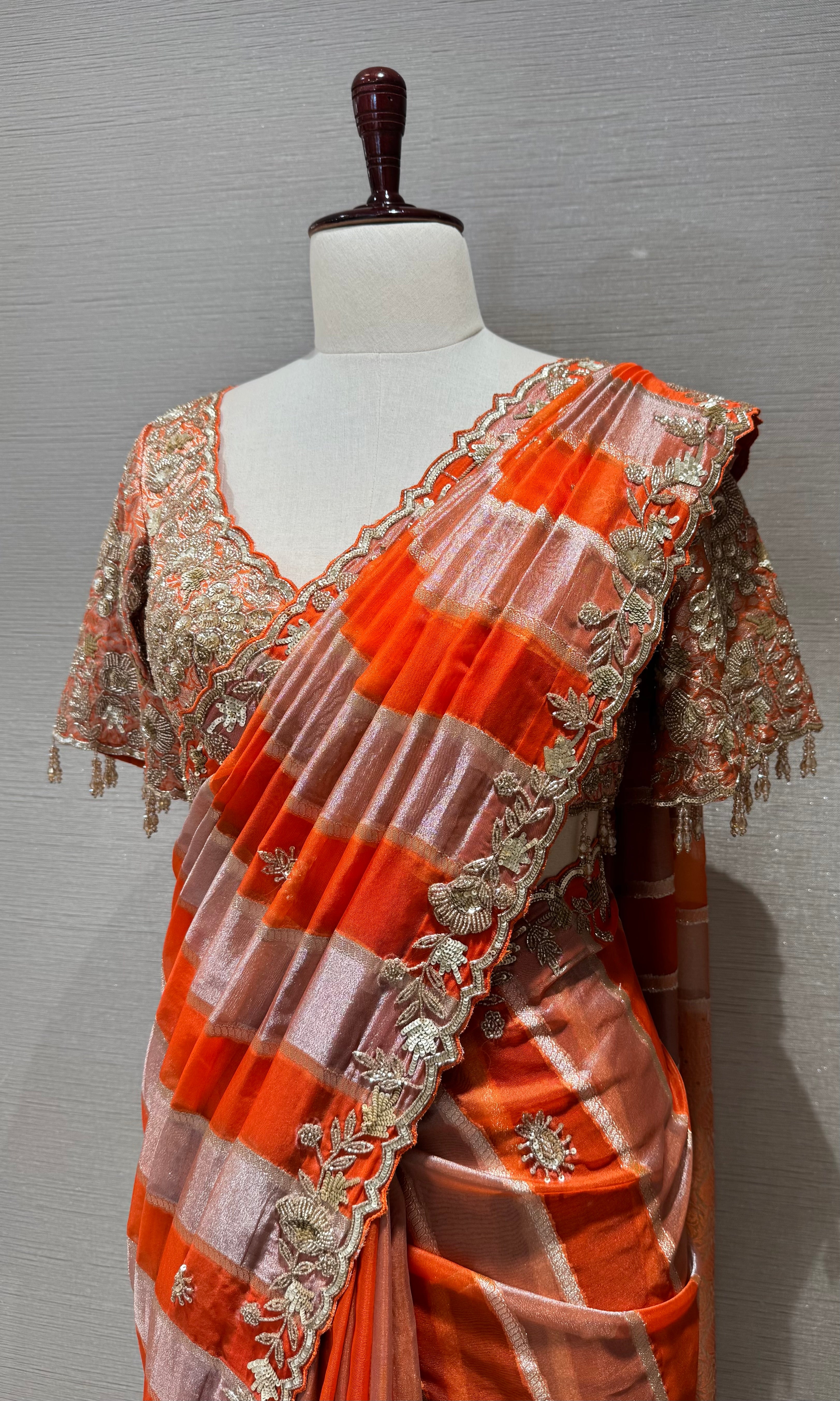 Orange Embellished Silk Leheriya Saree