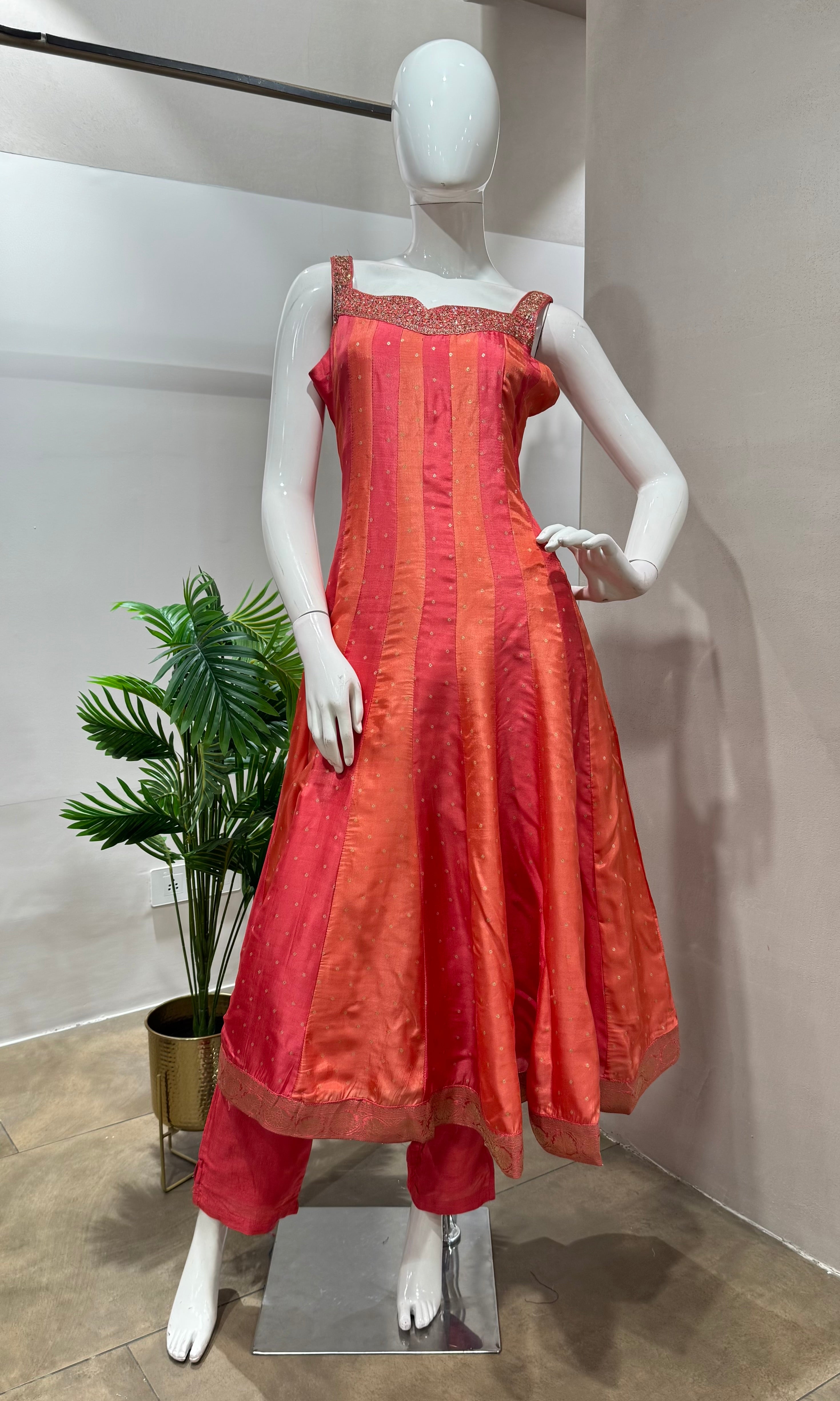 Peach ethnic striped anarkali set
