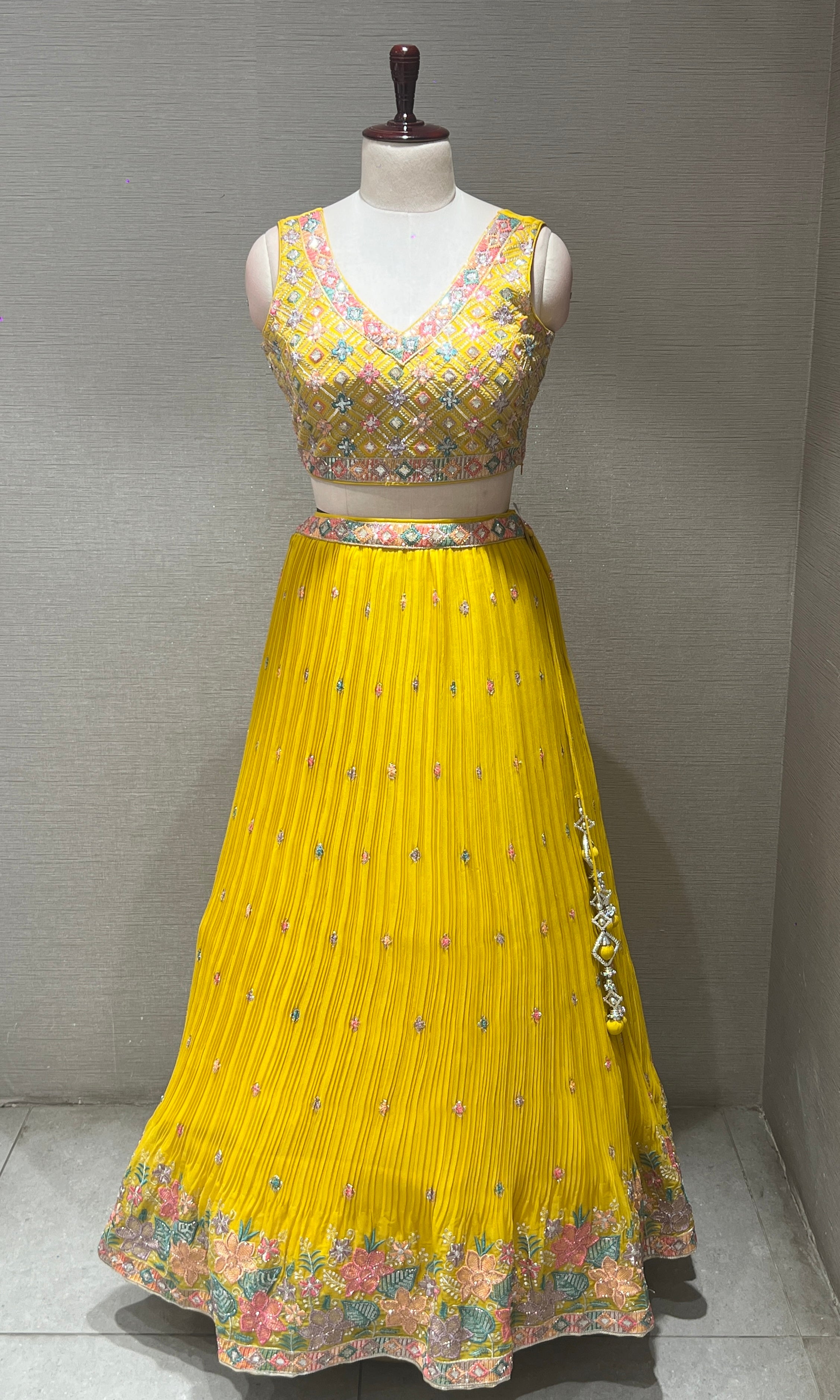 Yellow floral embroidered lehenga