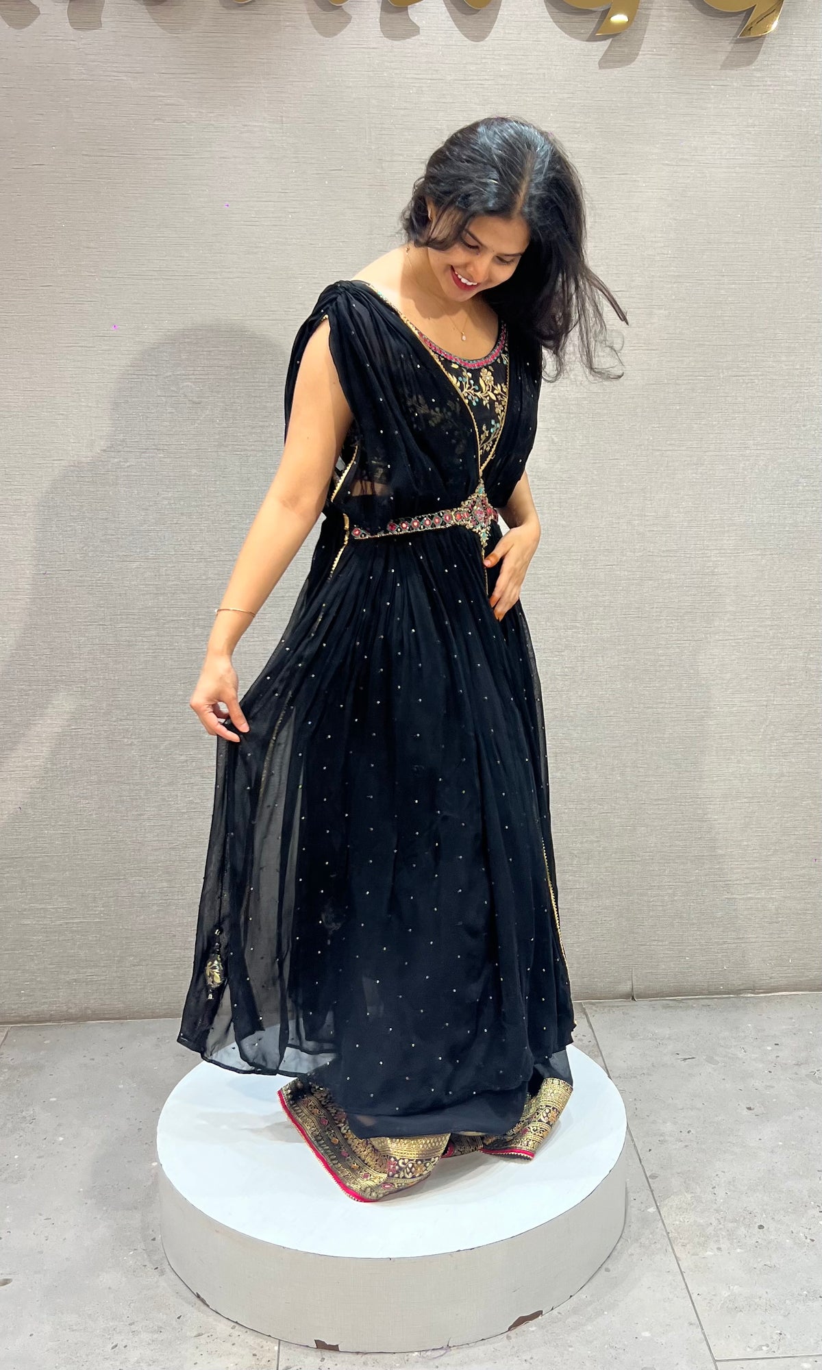 black crop top Palazzo with coat and Belt Accent