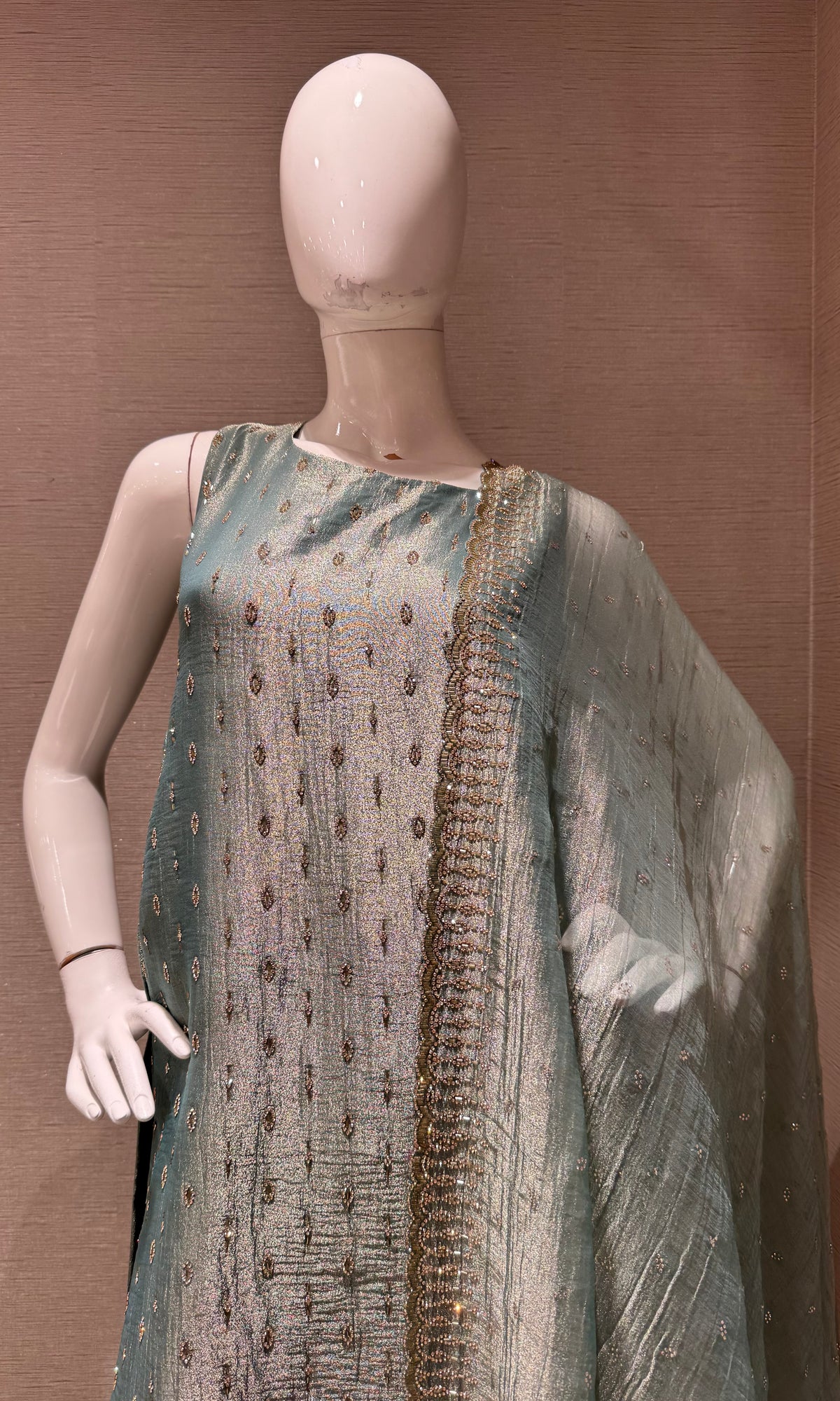 Sage Green tissue silk Kurta Set with Dupatta