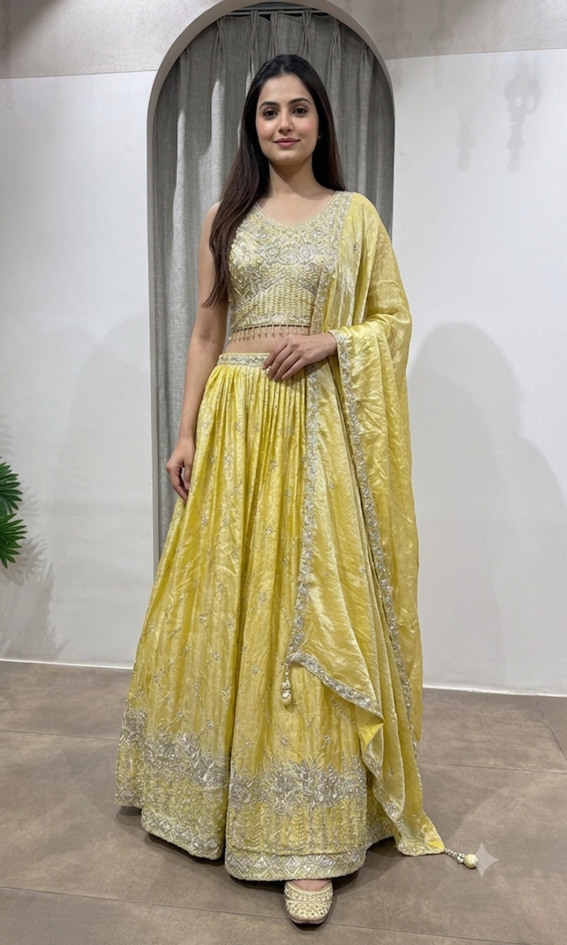 Light Yellow Georgette Lehenga with Silver Border