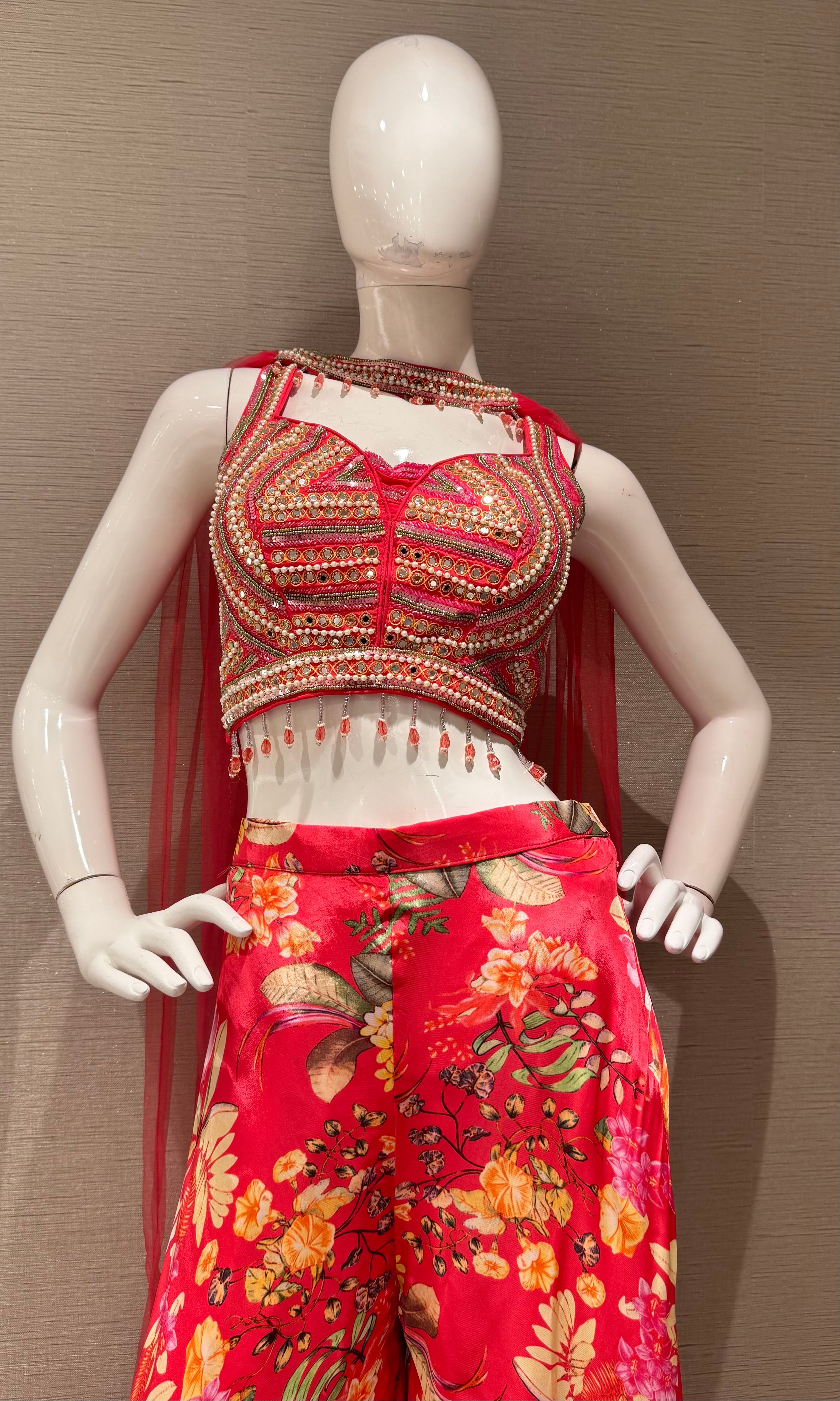 Pink Embroidered crop top palazzo set