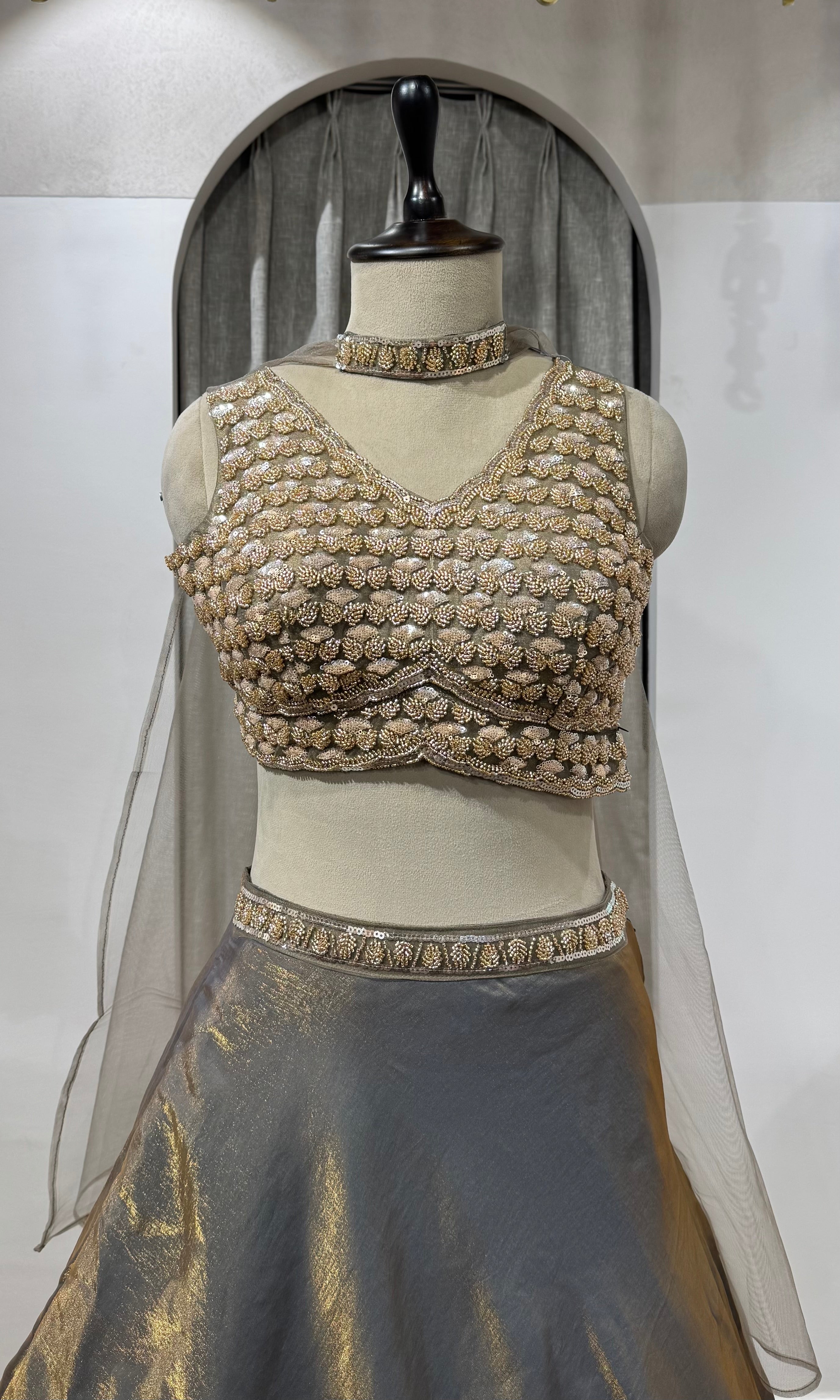 BROWN GOLDEN LEHENGA WITH EMBROIDERED BLOUSE