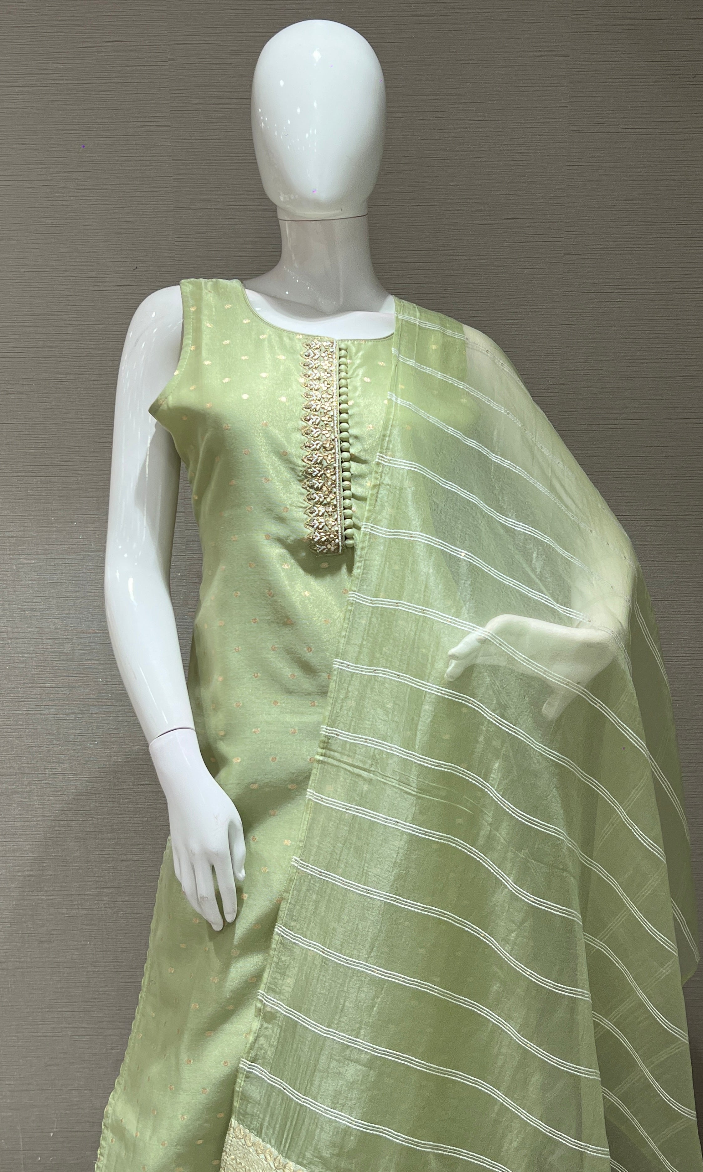 Pista Green kurta set with striped dupatta