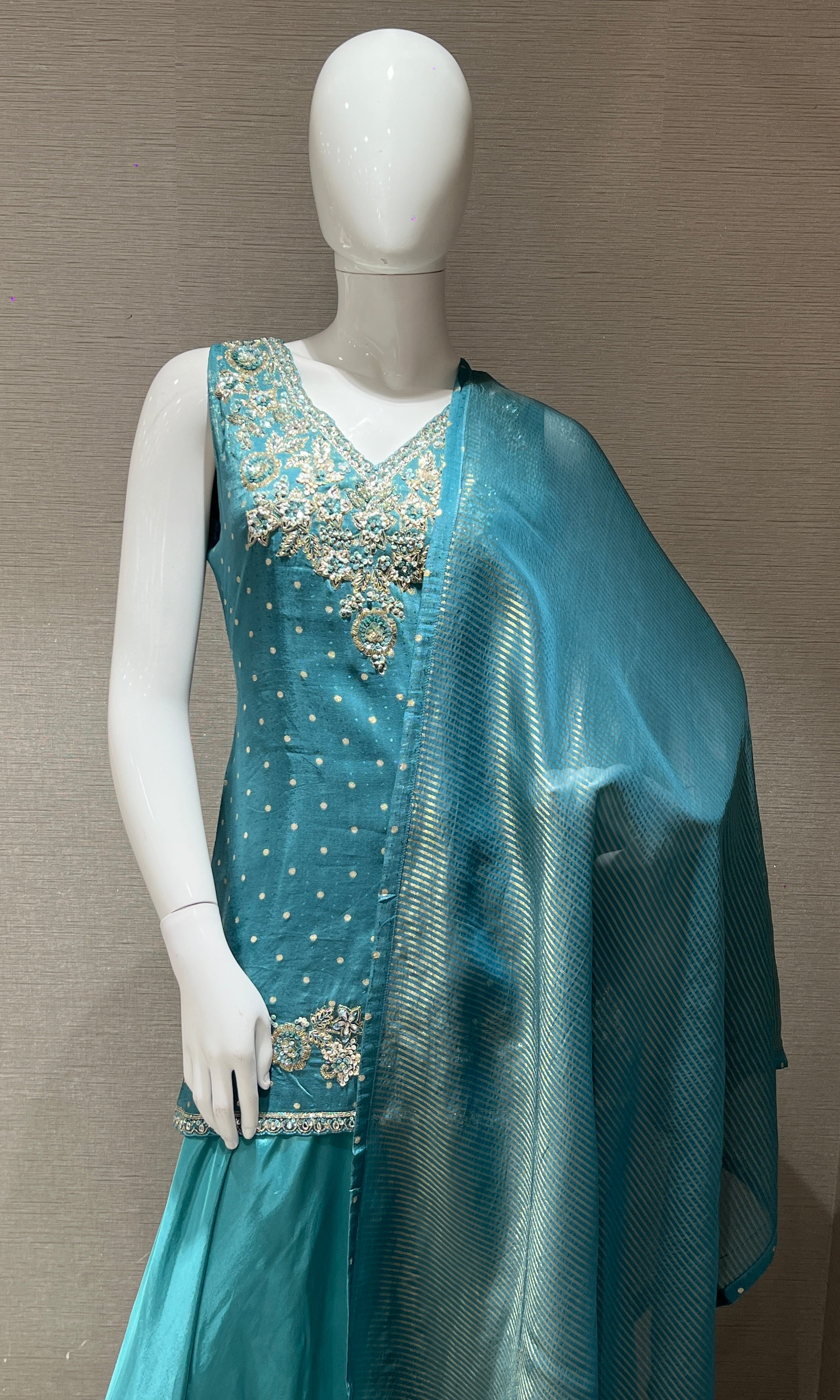 Light Blue Short Kurti Embroidered Sharara