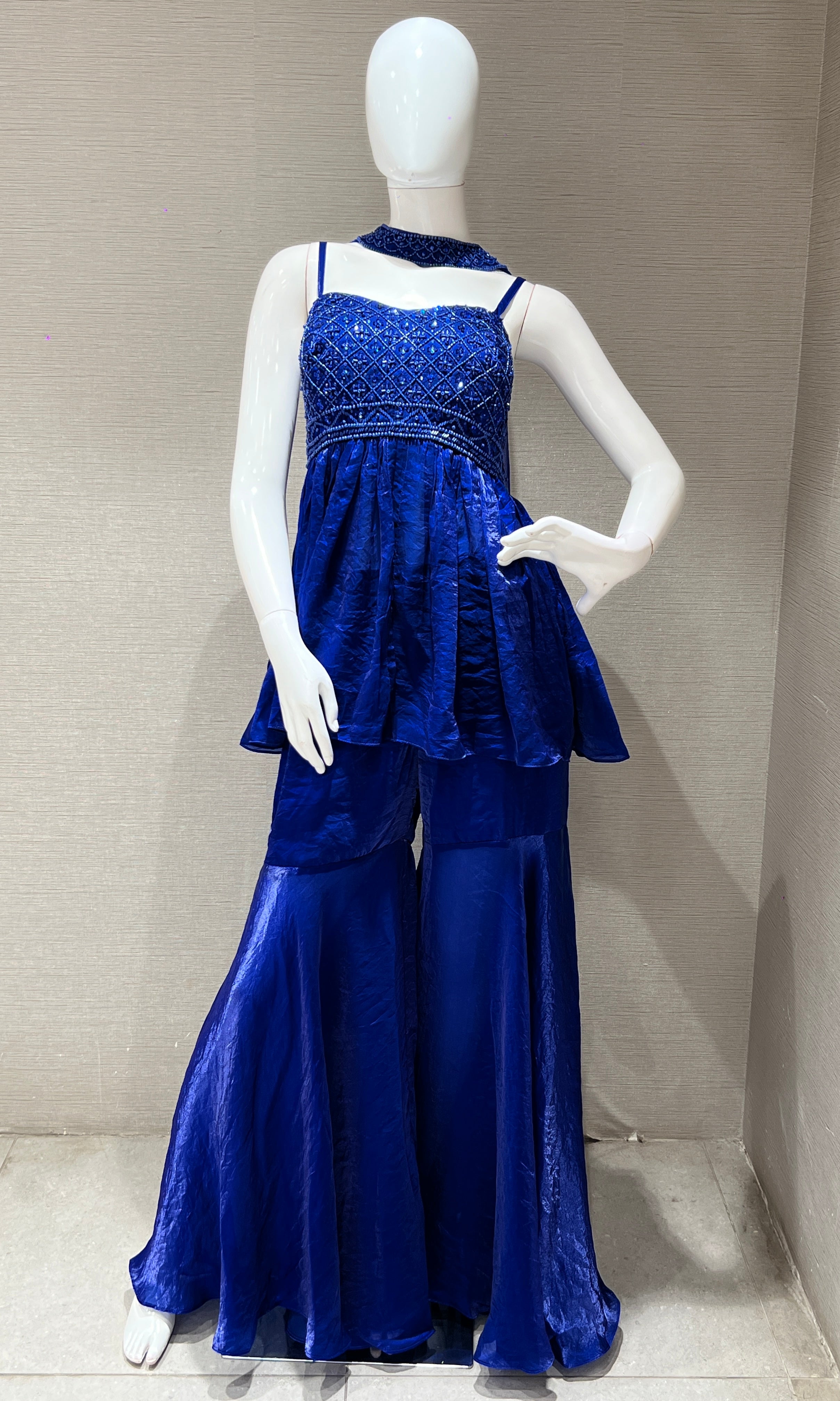 metallic Blue sharara set with peplum top