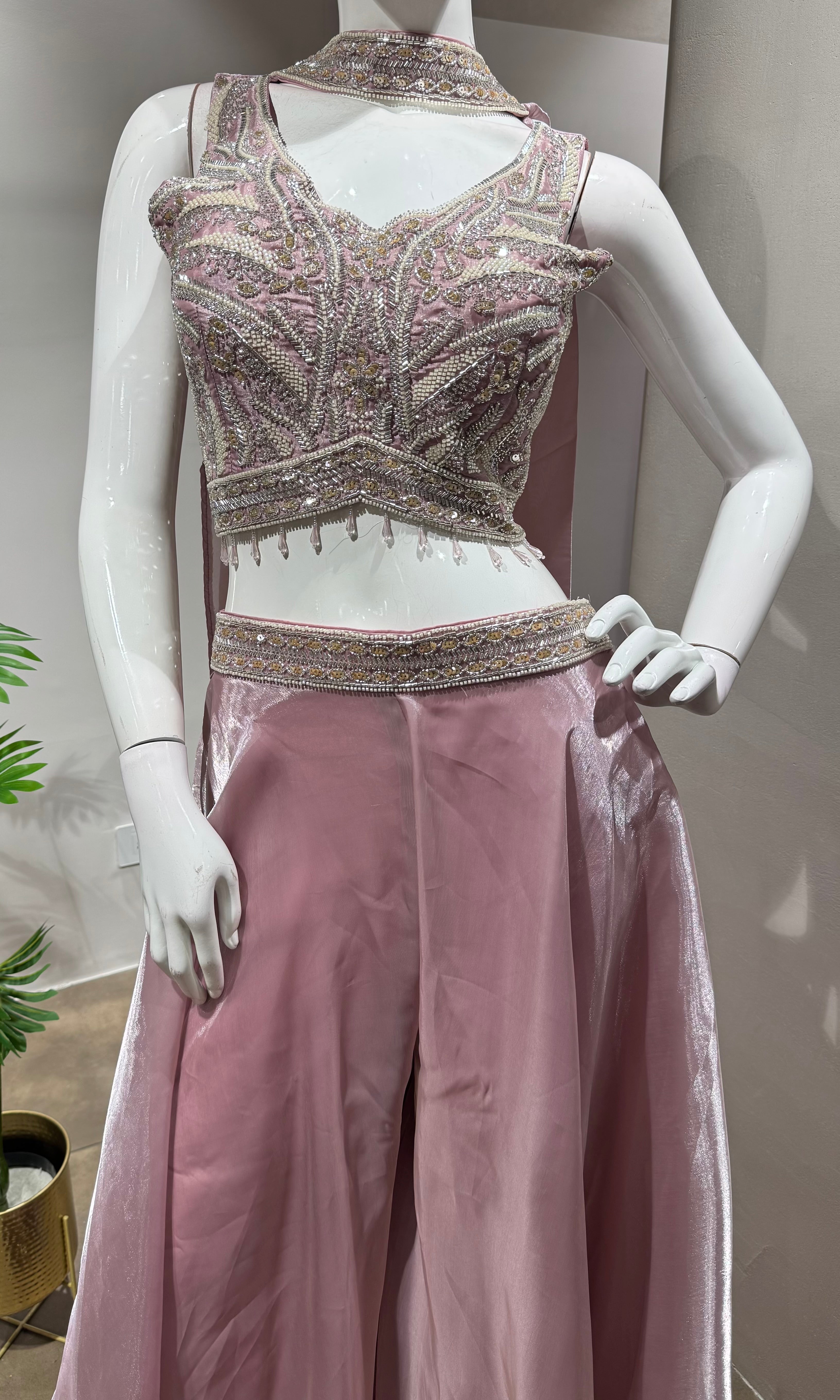 PINK Embellished Crop Top and Flared Palazzo Set